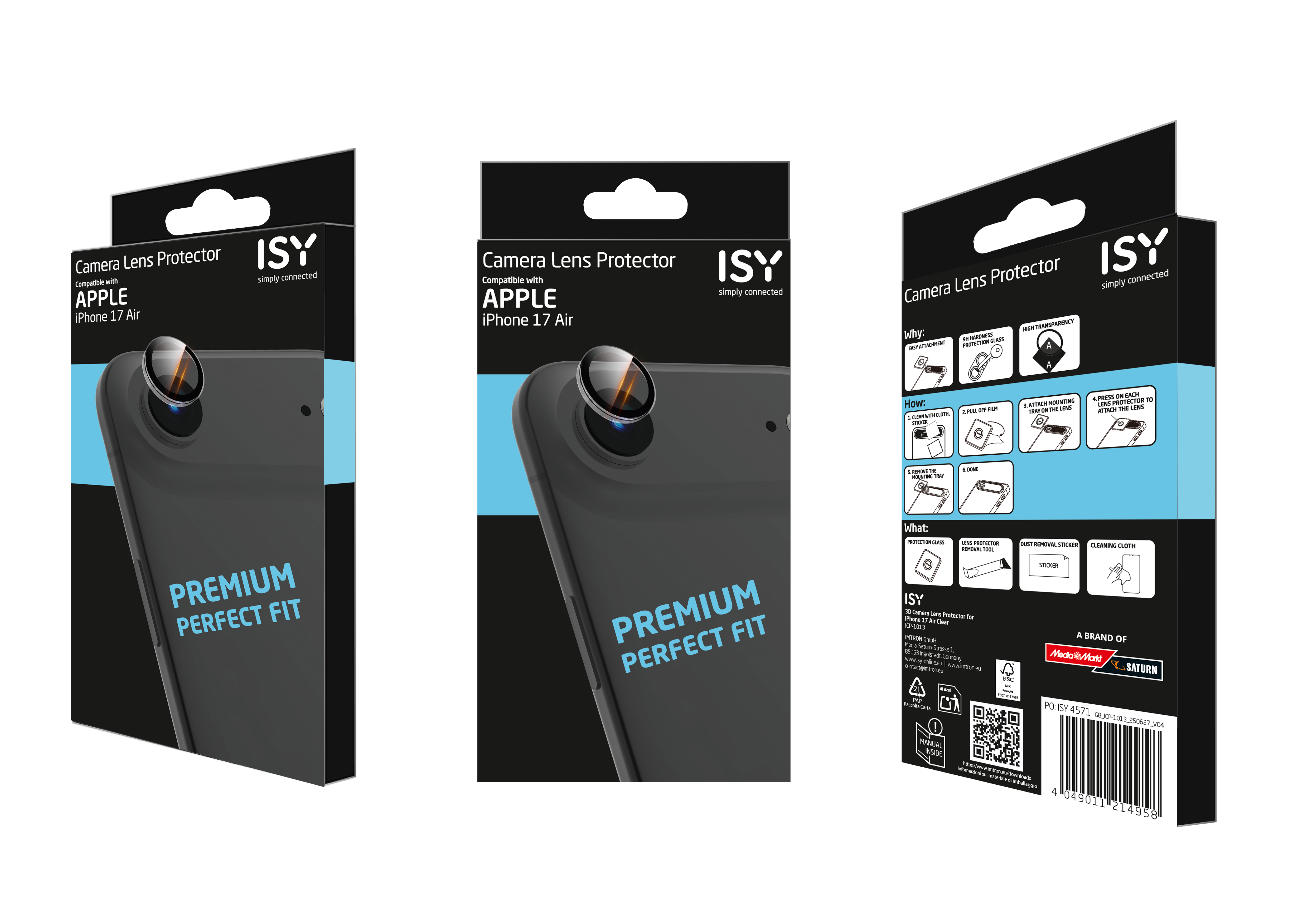 Eine Produktverpackung für den Kameraschutz des iPhone 17 Air. Sie hat einen schwarzen Hintergrund und die Marke ISY.