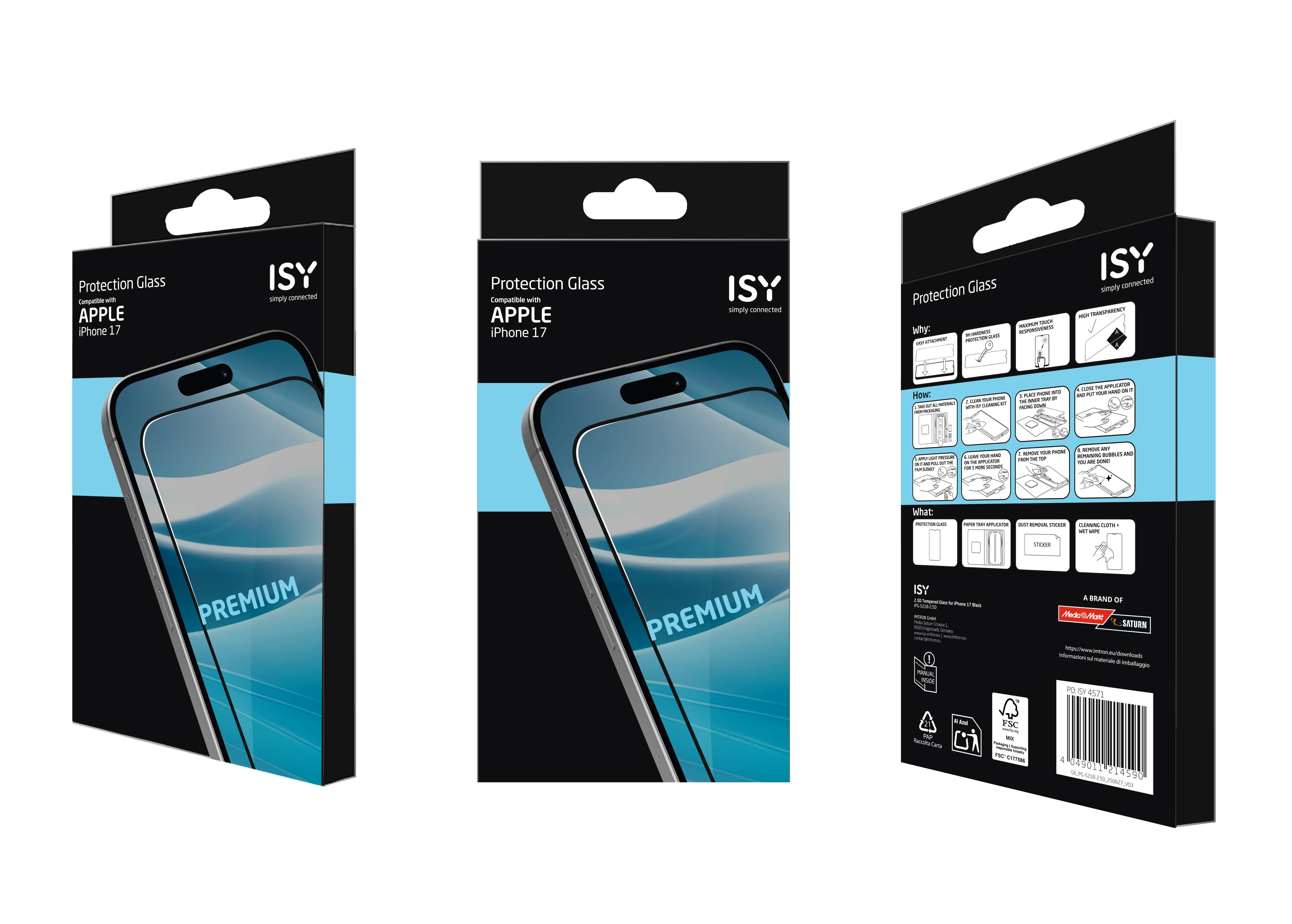 Dreiseitige Schachtel für iPhone 17 Schutzglas. Die Schachtel ist schwarz, mit weißem Text und einem Premium-Glasbild.