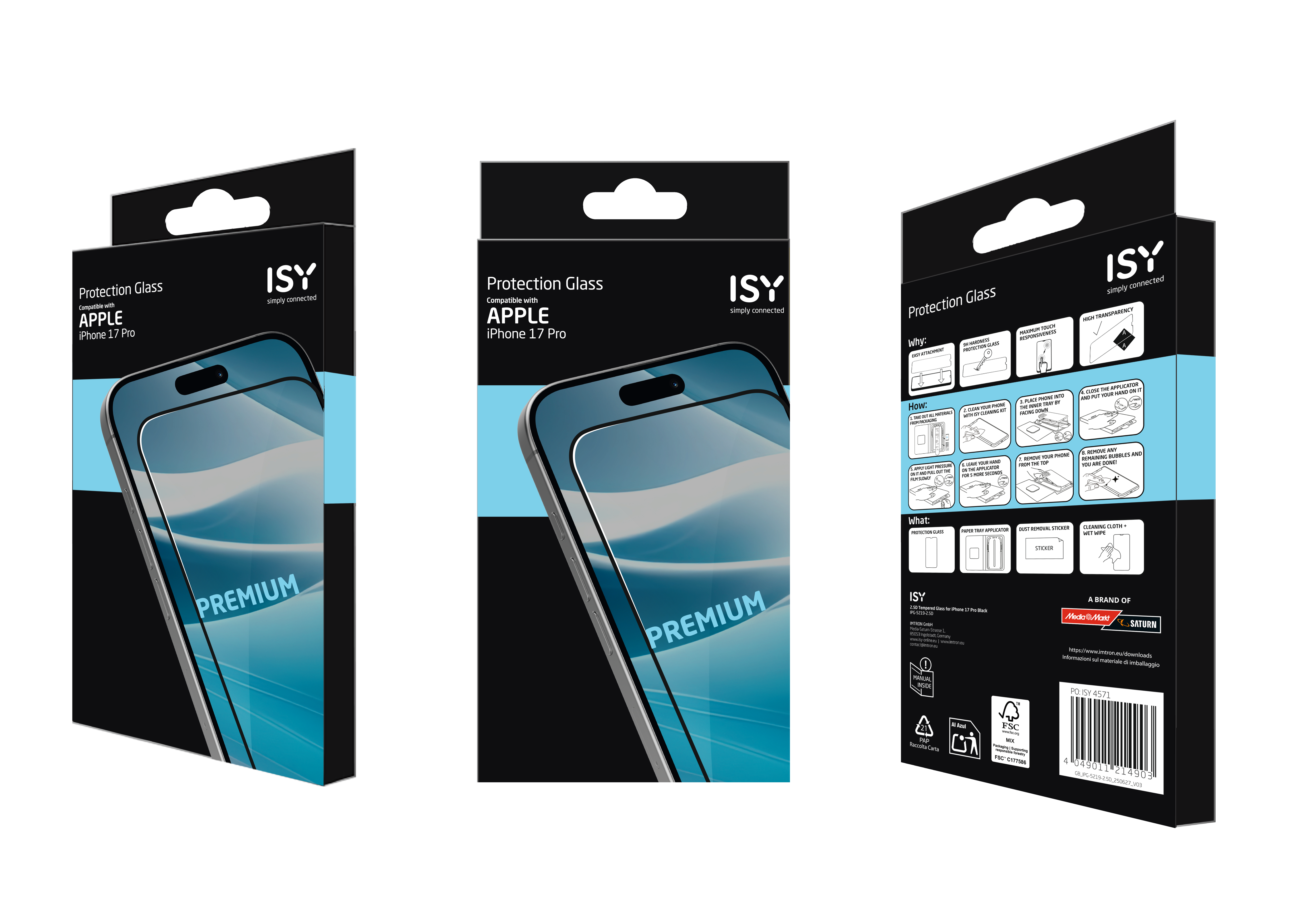 Drei Schachteln mit iPhone-Displayschutzfolien. Jede Schachtel zeigt einen Telefonbildschirm. Der Markenname ist ISY.