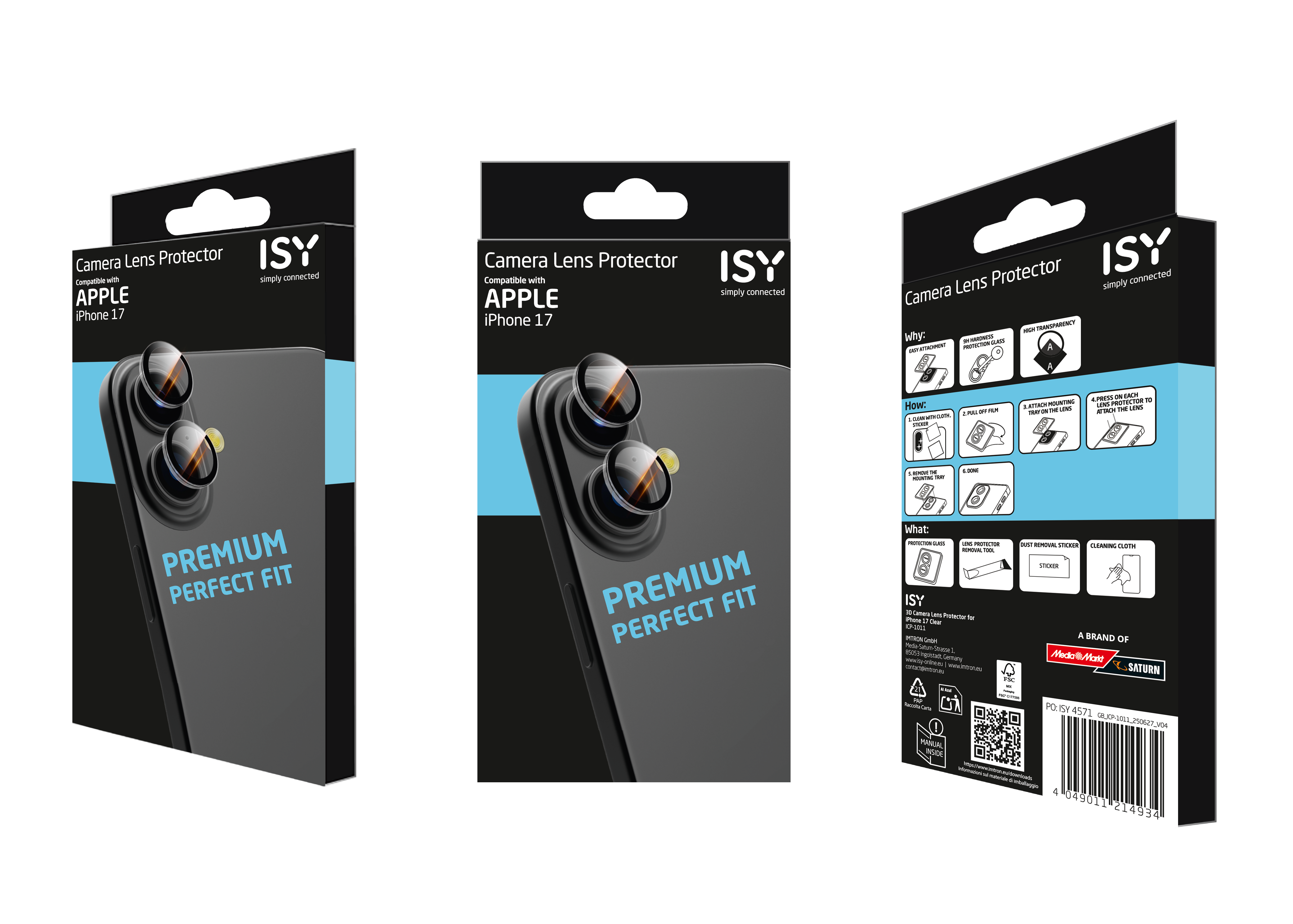 Produktverpackung für einen iPhone 17 Kameraschutz. Enthält Markenlogo, Produktdetails und Anweisungen.