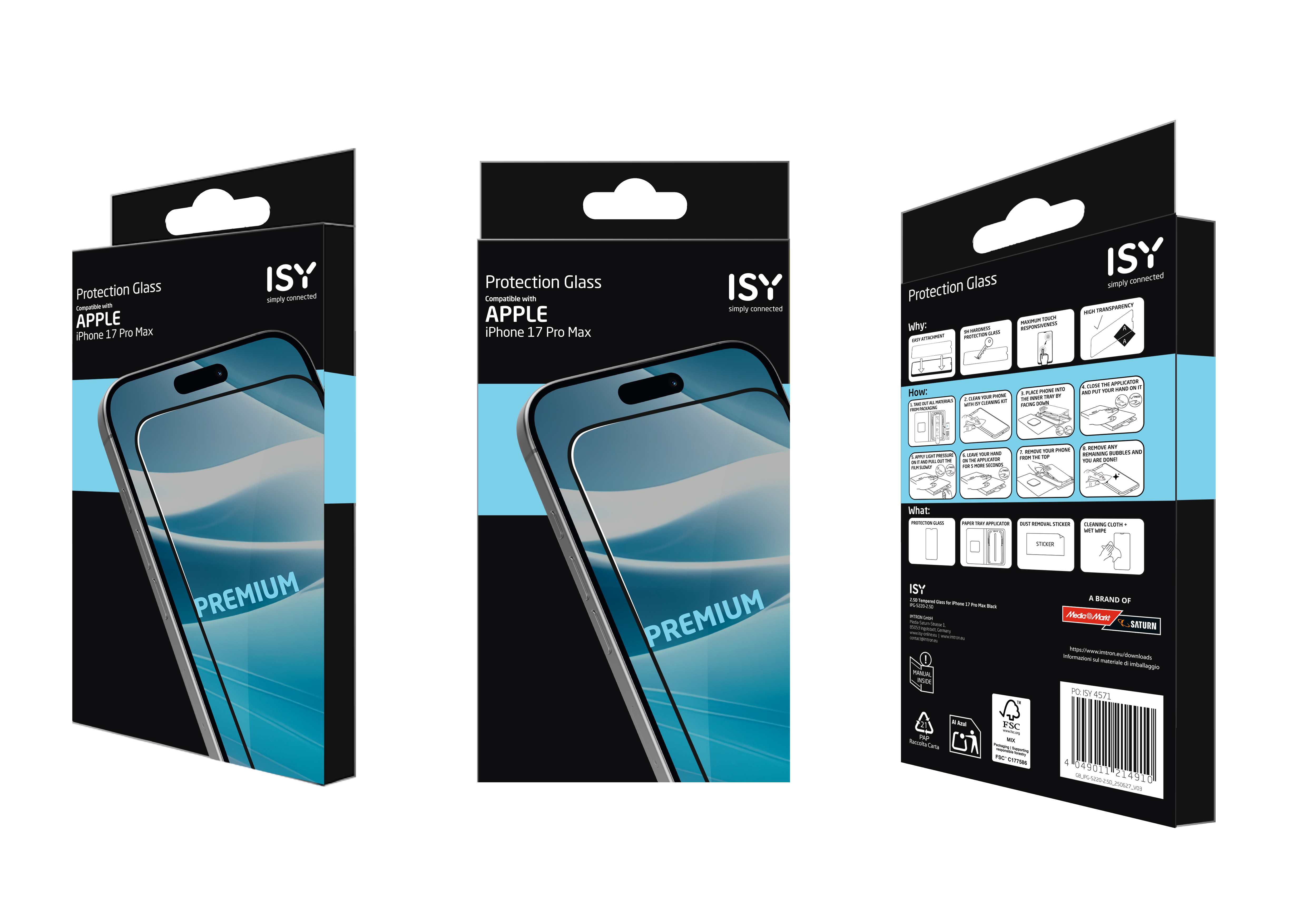 Drei schwarze Kartons mit Displayschutzfolien. Jeder zeigt den Telefonbildschirm mit Markennamen und Produktdetails.