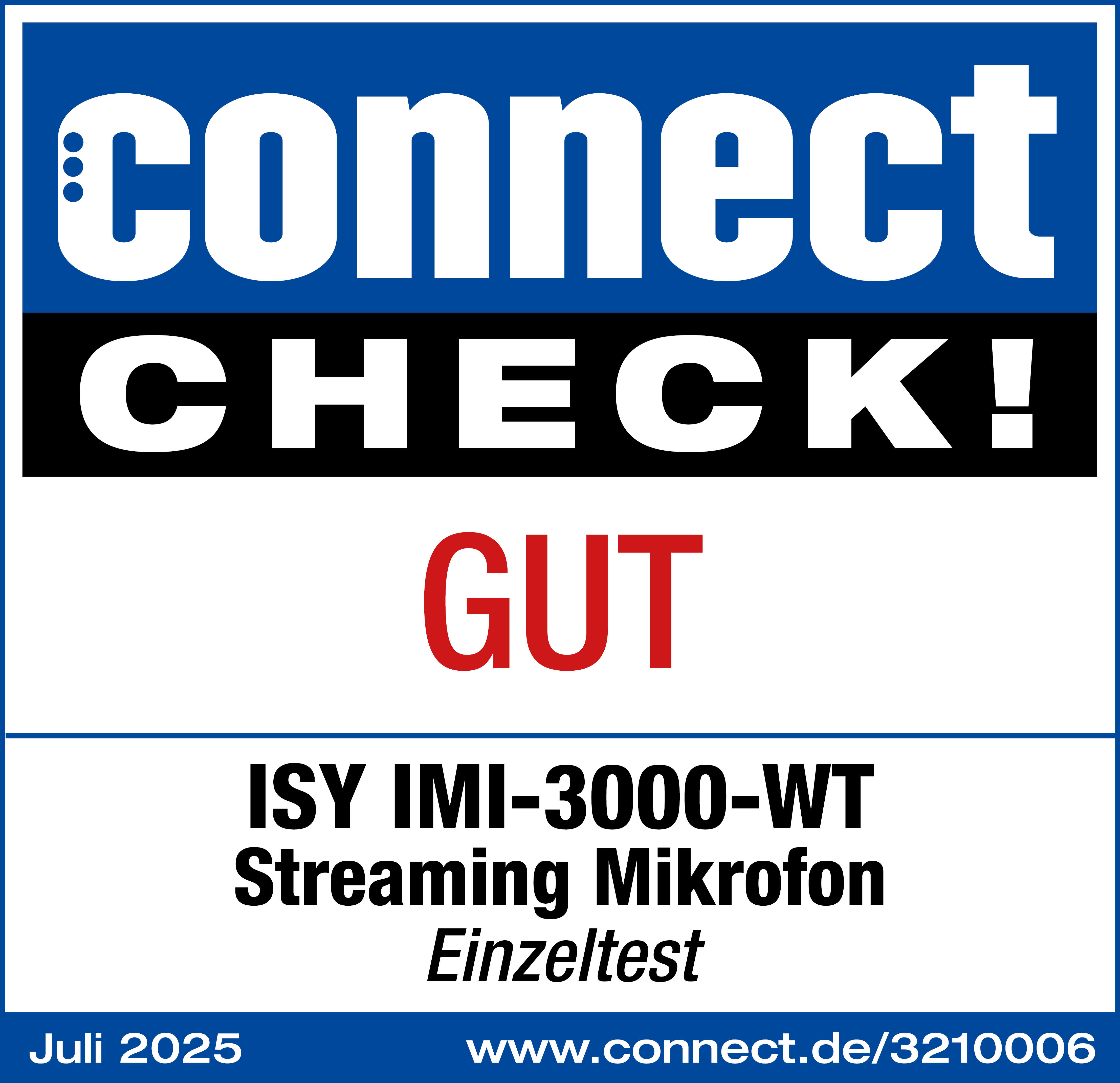 Logo Connect Check! bleu et blanc avec le mot GUT en rouge. En dessous, texte sur le microphone ISY IMI-3000-WT.