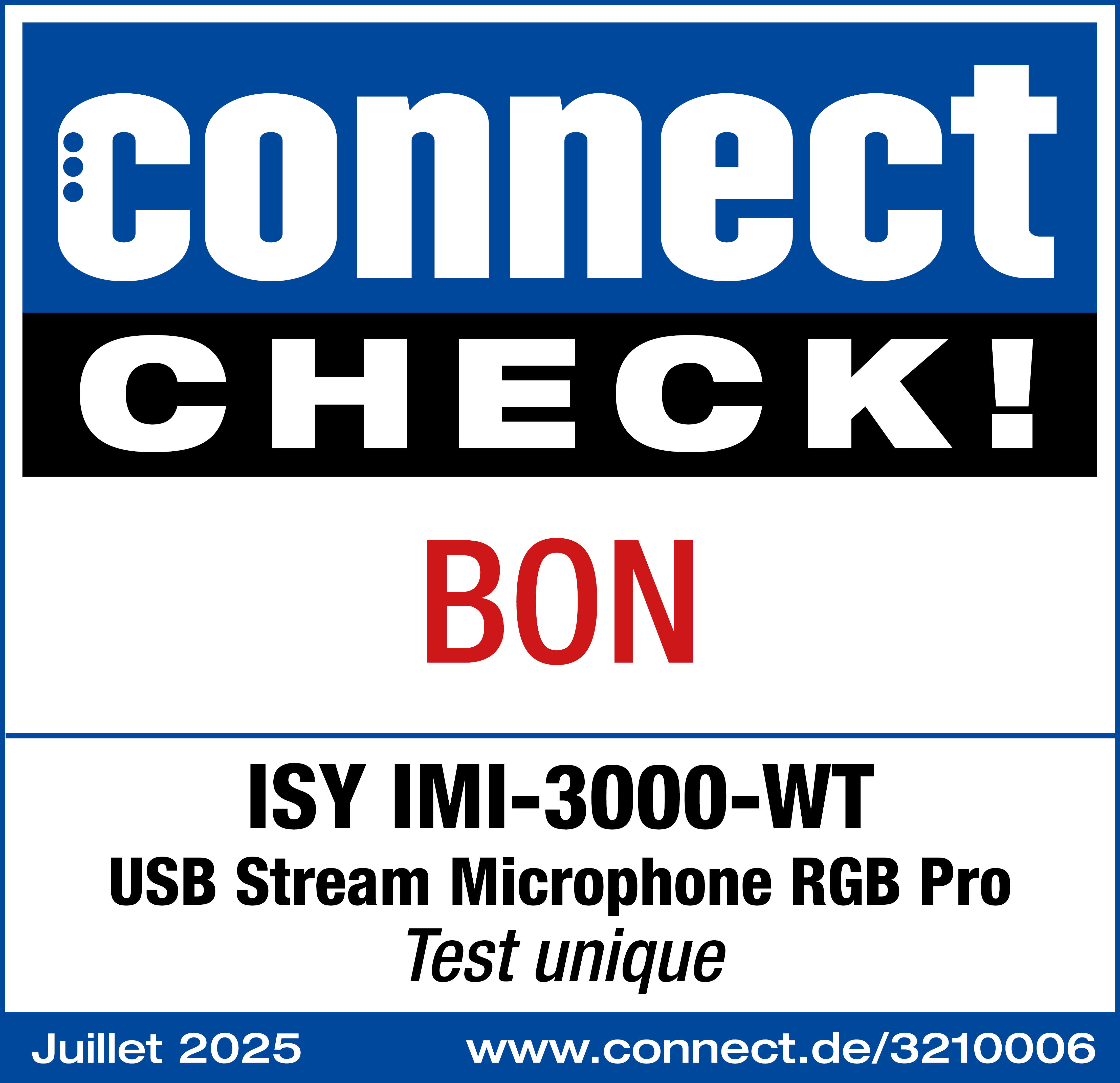 Graphique bleu et blanc avec 'connect CHECK!' et détails du produit : micro ISY, 'BON' et date Juillet 2025.