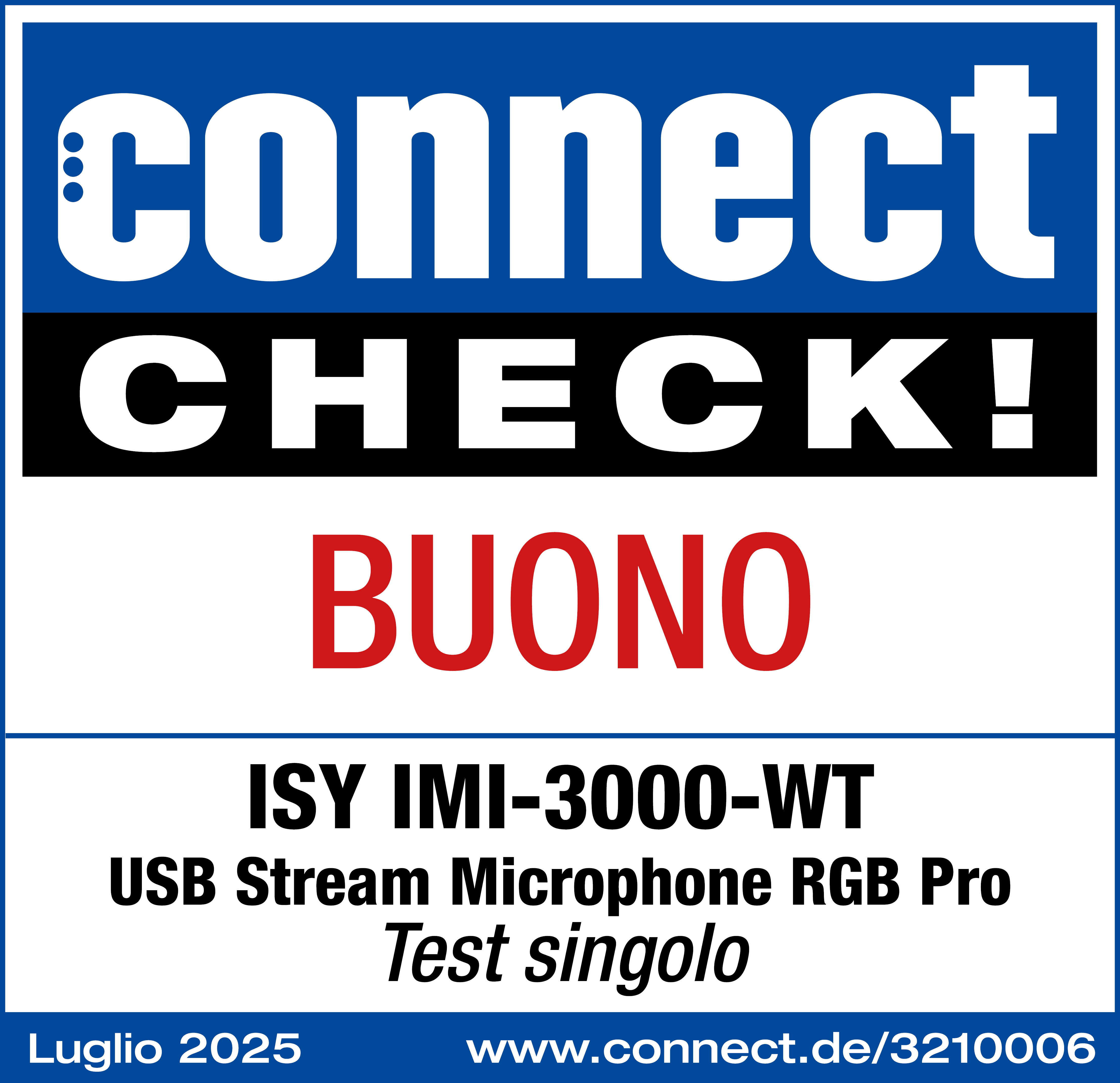 Un graphique bleu et blanc avec du texte. Il se lit 'connect CHECK! BUONO'. En dessous, 'ISY IMI-3000-WT'.