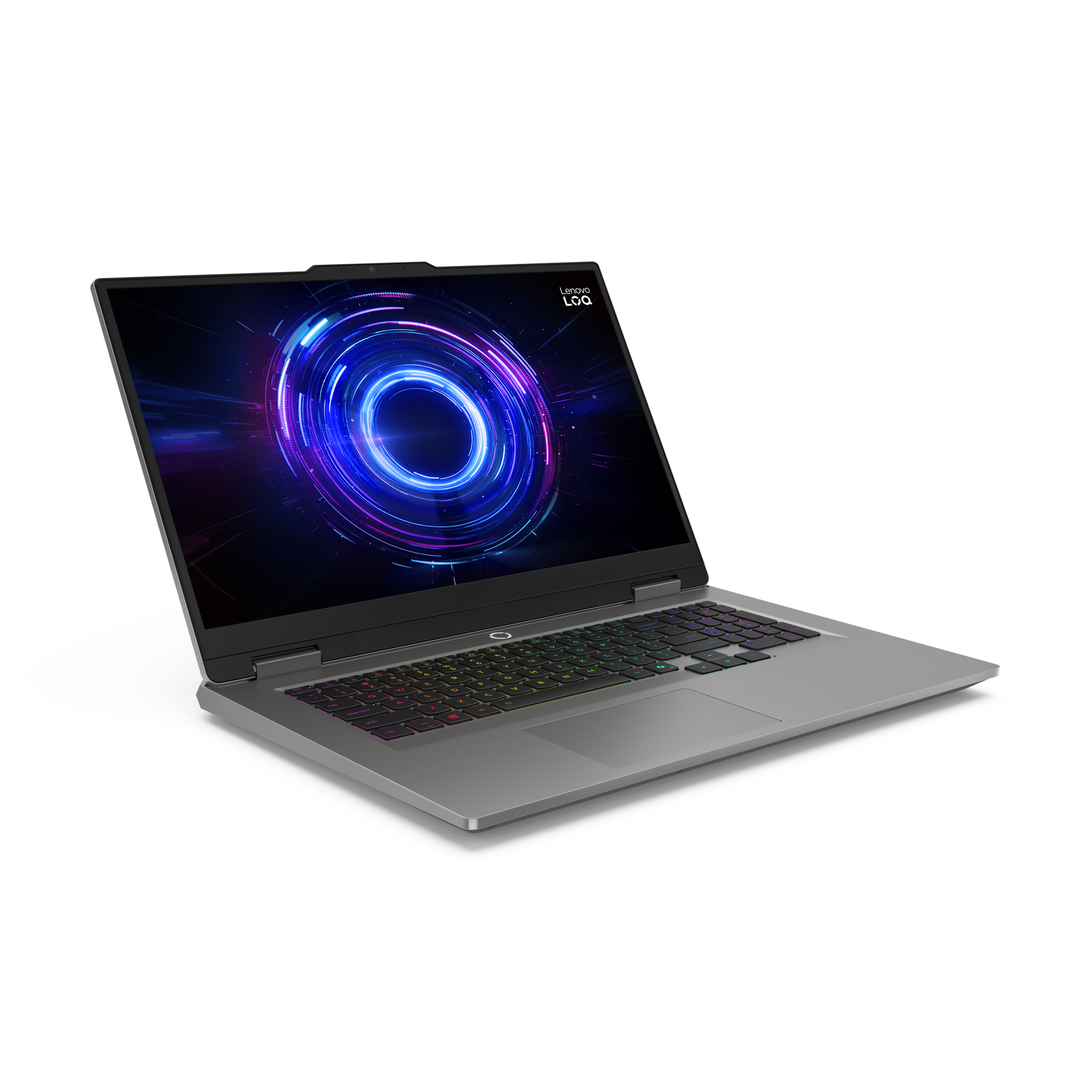 Ein silberner Laptop auf schwarzem Grund. Der Bildschirm zeigt ein blaues, violettes und weißes Kreismuster. Die Tastatur hat Regenbogenlichter.