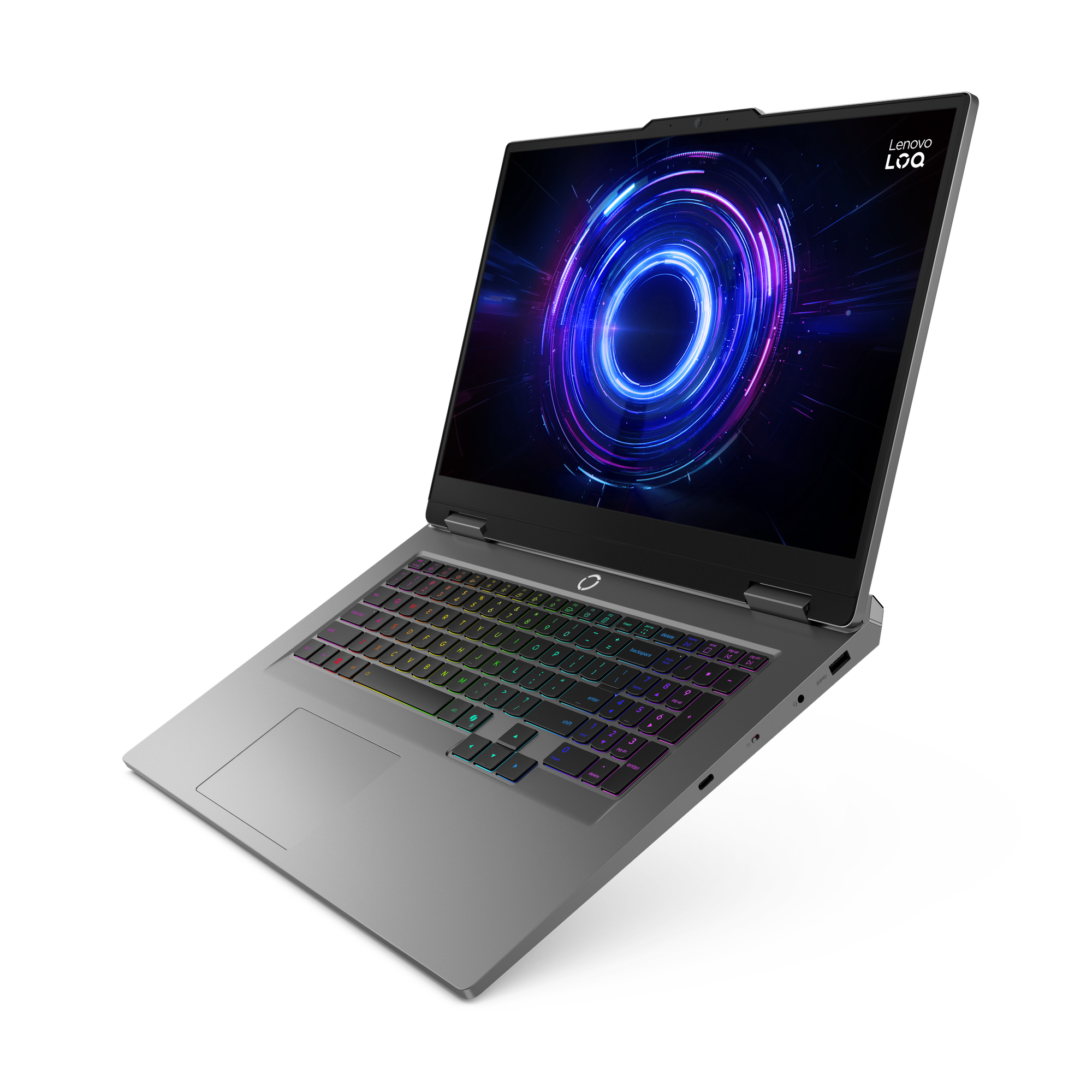 Ein grauer Lenovo LOQ-Laptop ist geöffnet und zeigt eine farbenfrohe kreisförmige Grafik. Die Tastatur hat hintergrundbeleuchtete Tasten.