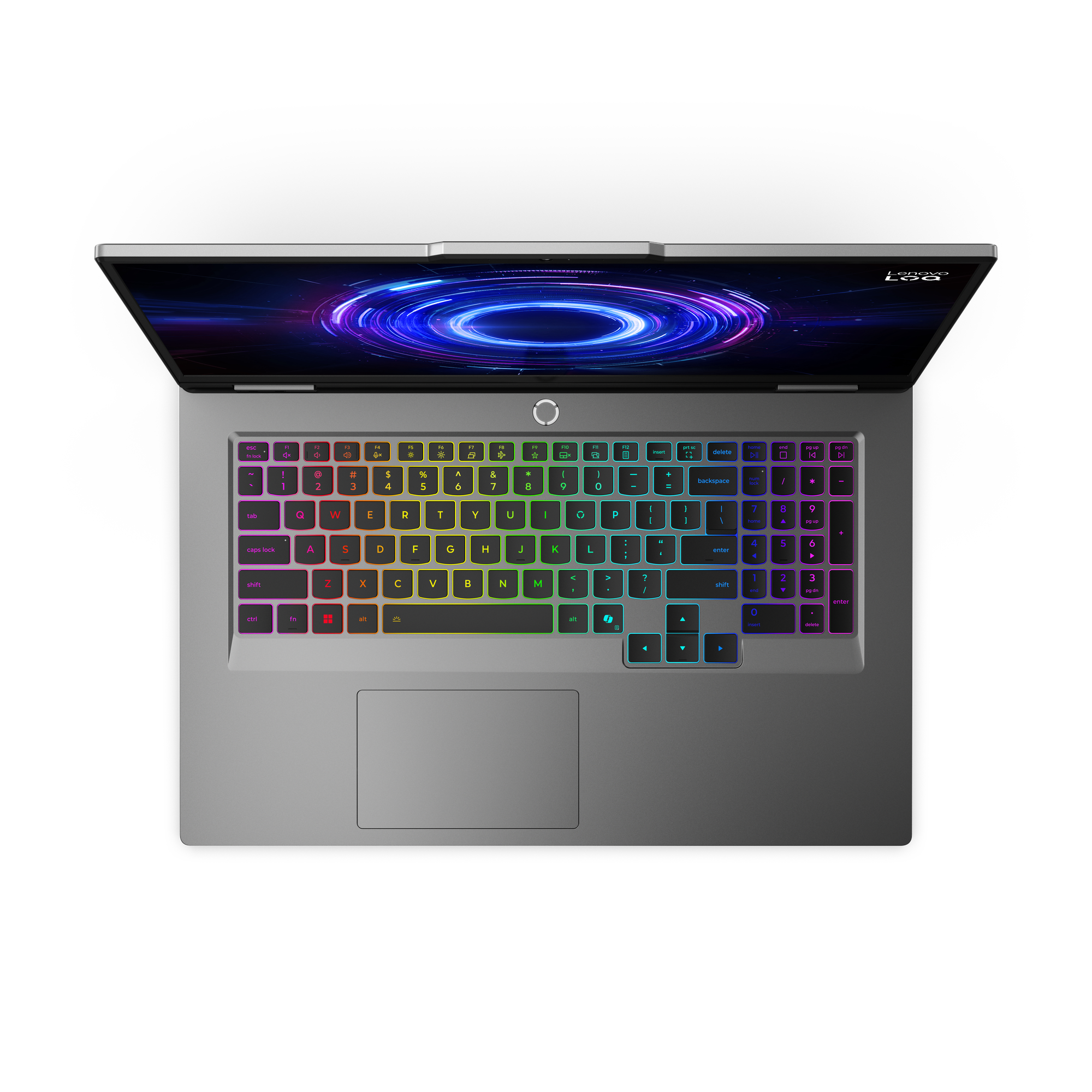 Laptop mit offenem Bildschirm. Tastatur leuchtet in mehreren Farben. Bildschirm zeigt einen leuchtenden blau-violetten Wirbel.