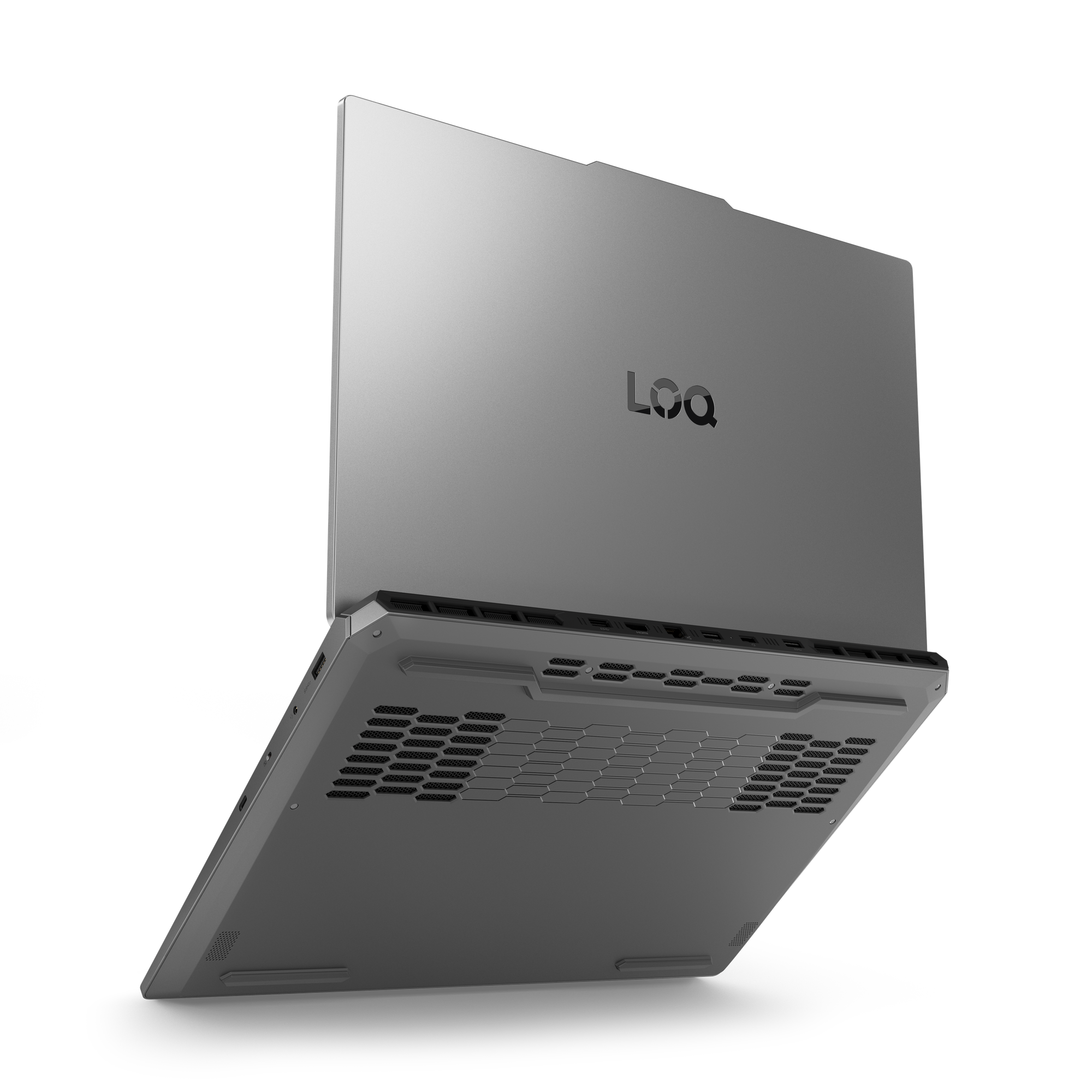 Grauer Laptop, Rückansicht, auf schwarzem Hintergrund. Der Markenname ist sichtbar. Die Unterseite hat mehrere Lüftungsschlitze.