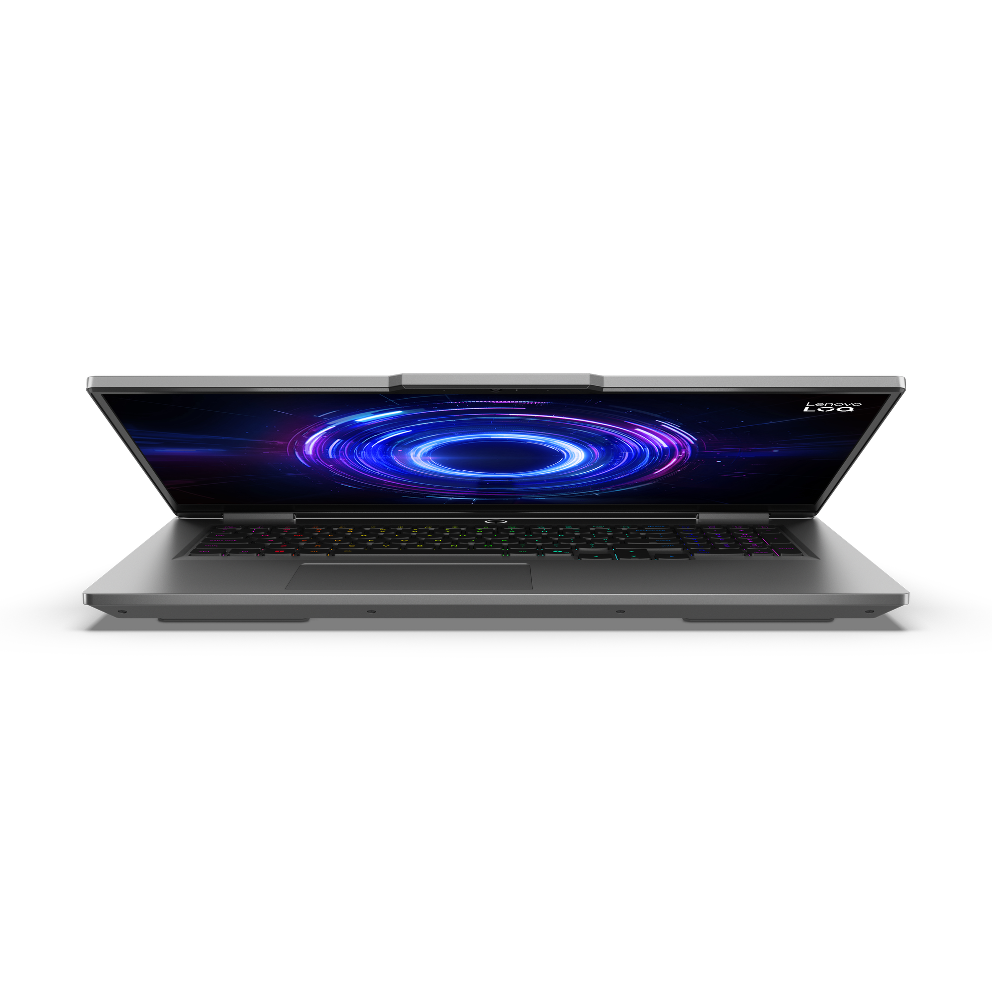 Offener Laptop auf schwarzem Hintergrund. Bildschirm zeigt farbenfrohes abstraktes Design. Tastatur hat mehrfarbige Hintergrundbeleuchtung.
