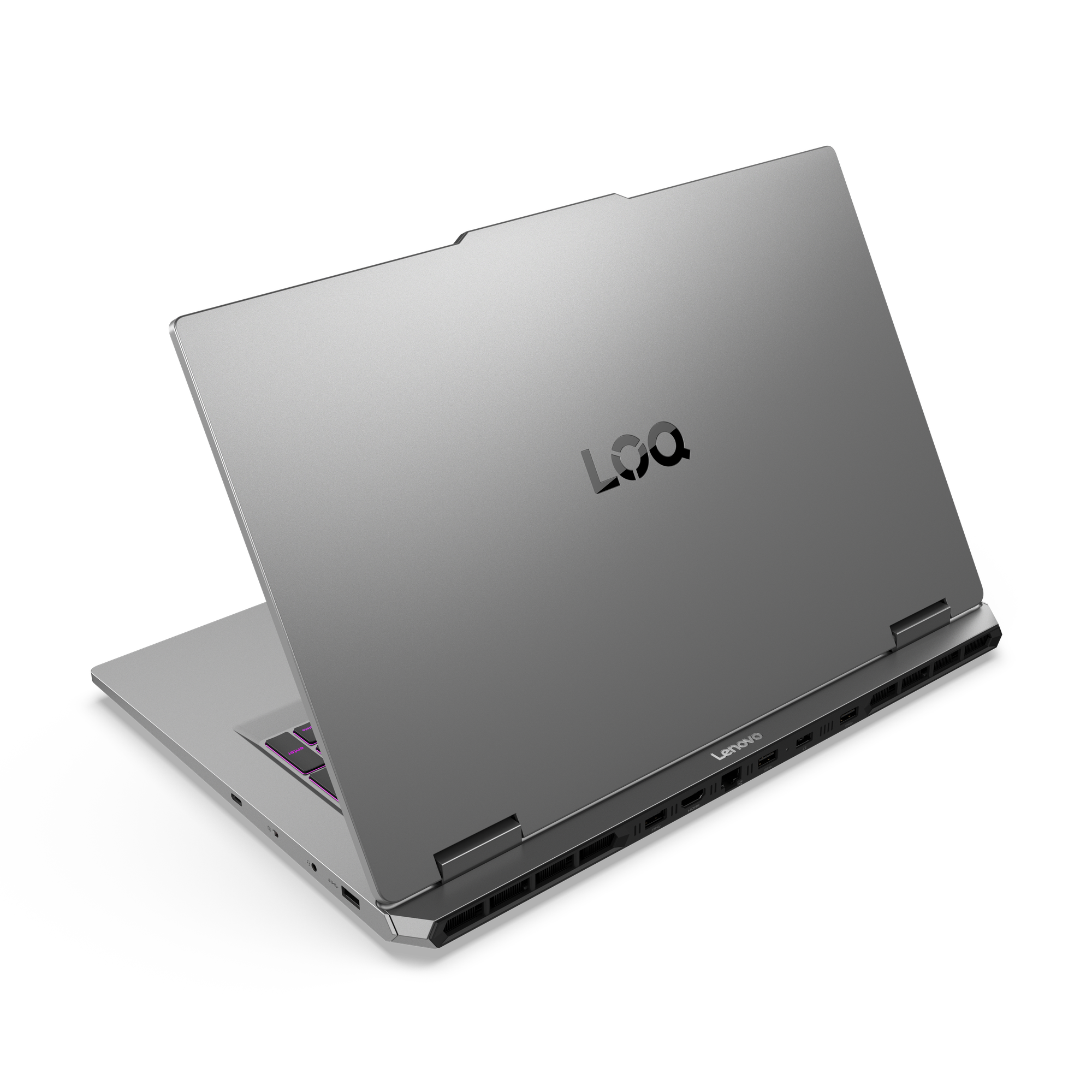 Ein silberner Lenovo-Laptop, teilweise geöffnet. Das Lenovo-Logo ist sichtbar, und der Hintergrund ist schwarz.