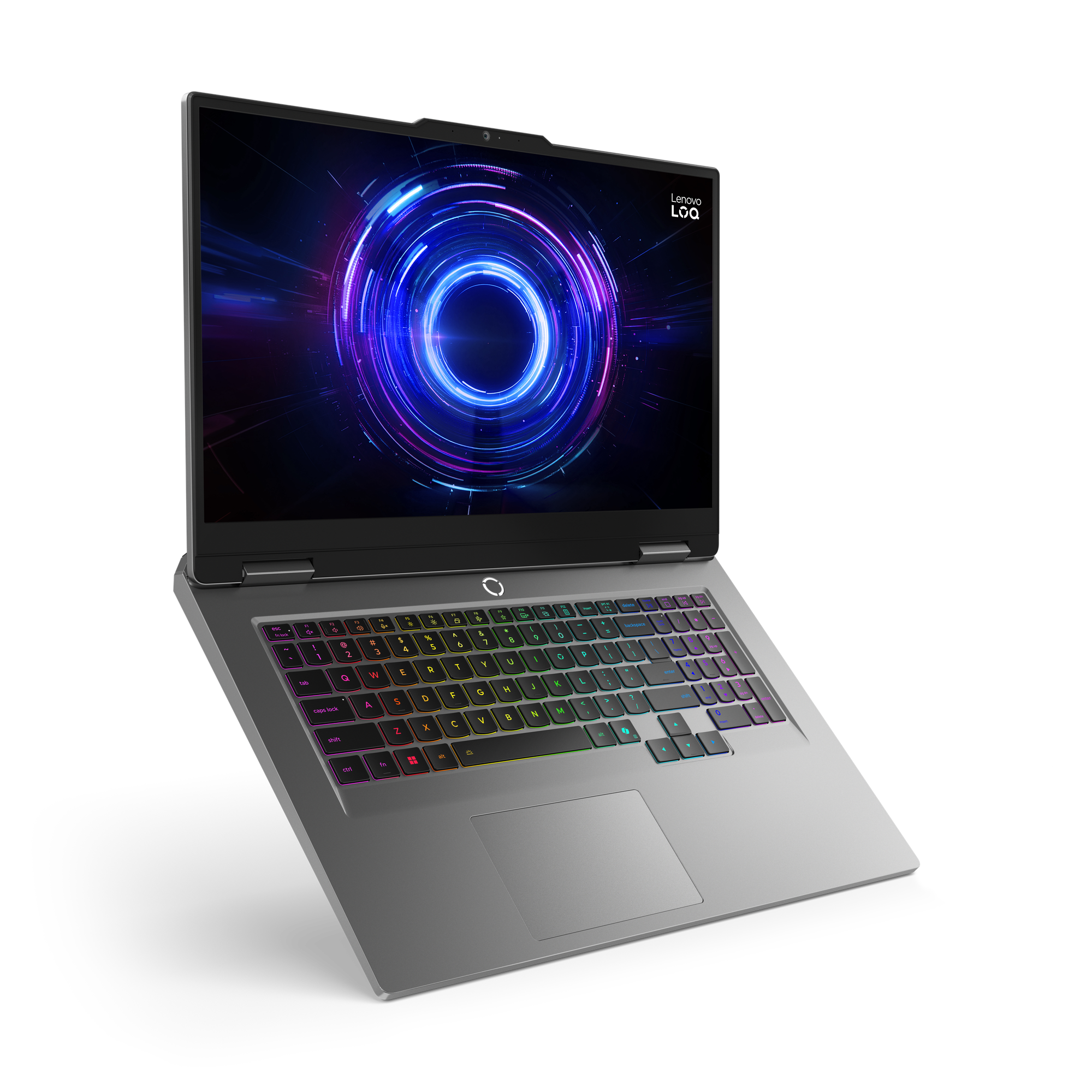 Ein silberner Lenovo LOQ-Laptop ist geöffnet und zeigt einen farbenfrohen Bildschirm. Die Tastatur leuchtet mehrfarbig.