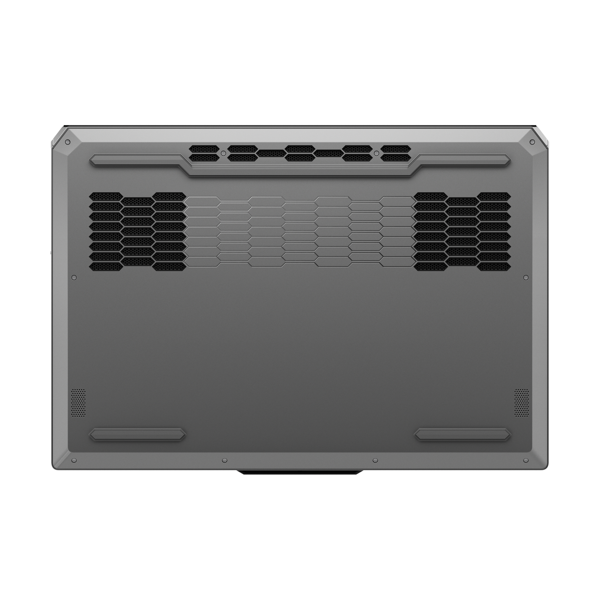 Ansicht der Laptop-Unterseite. Grau mit Lüftungsgittern und dunklem Hintergrund. Sechseckmuster sind sichtbar.