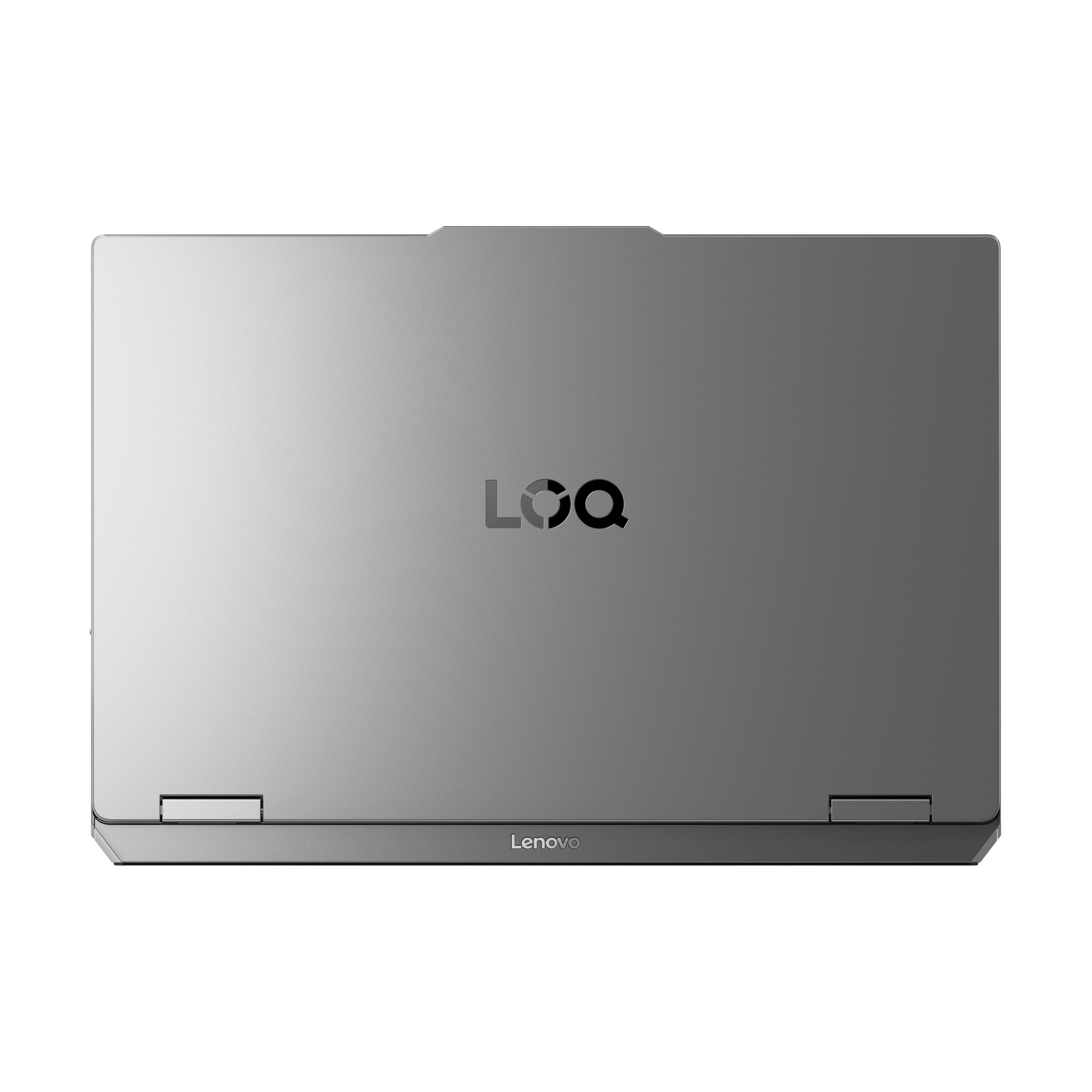 Ein silberner Lenovo-Laptop auf schwarzem Hintergrund. Das Lenovo-Logo befindet sich unten. Oben befindet sich ein LOQ-Logo.