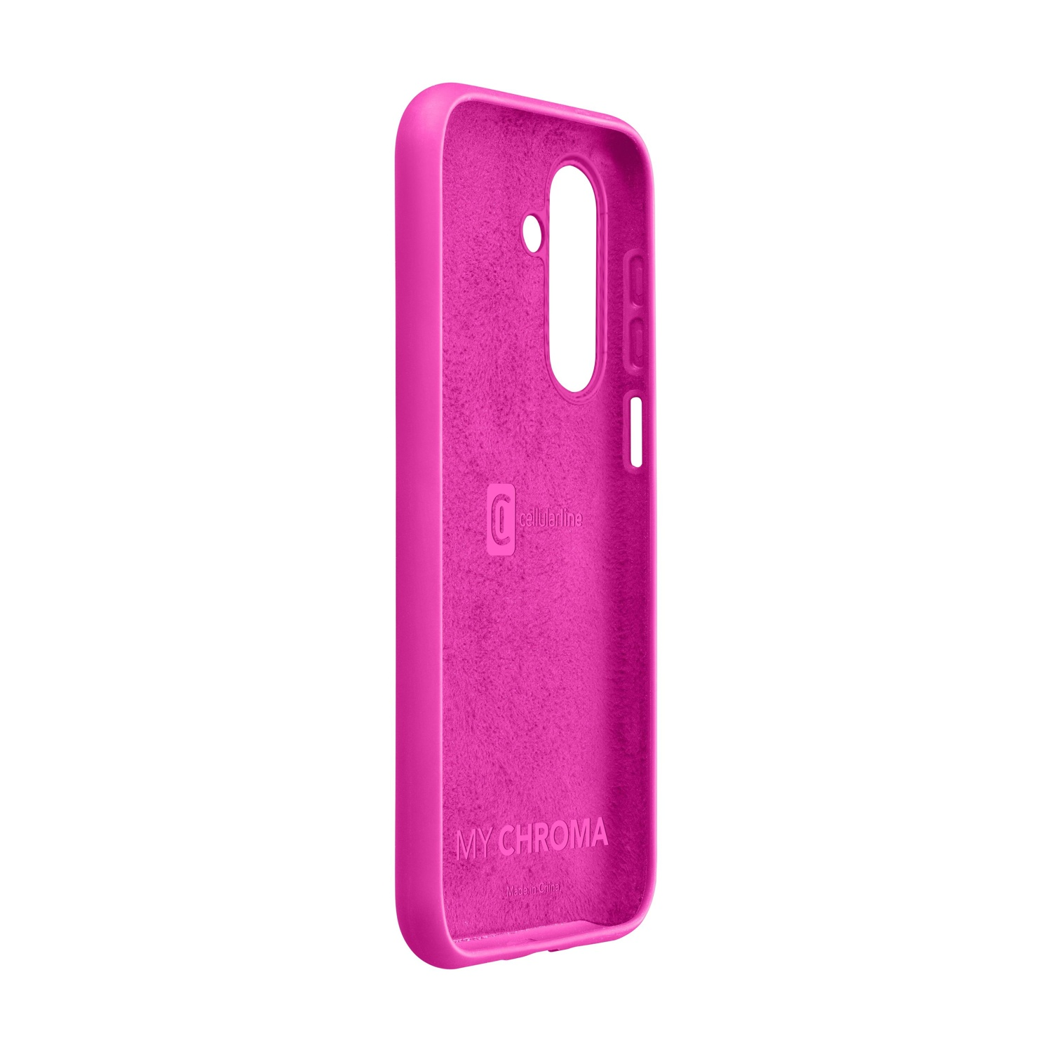 Una custodia per telefono rosa vibrante, strutturata, con fori per fotocamera e pulsanti. Marchio e logo visibili. Sfondo bianco.