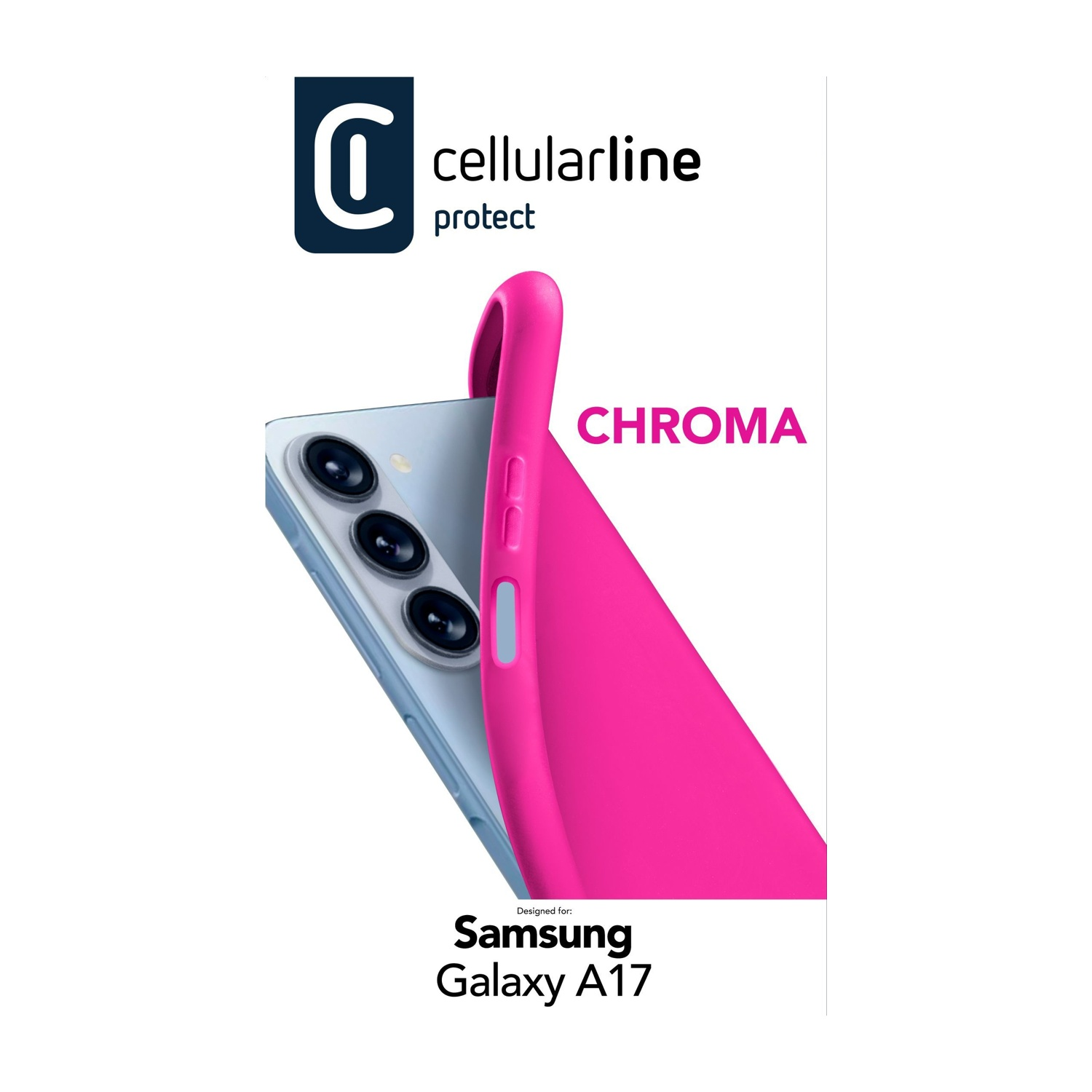 Una custodia per telefono con una cover rosa acceso, che copre parzialmente un telefono. Il testo include 'cellularline protect' e 'Samsung Galaxy A17'.