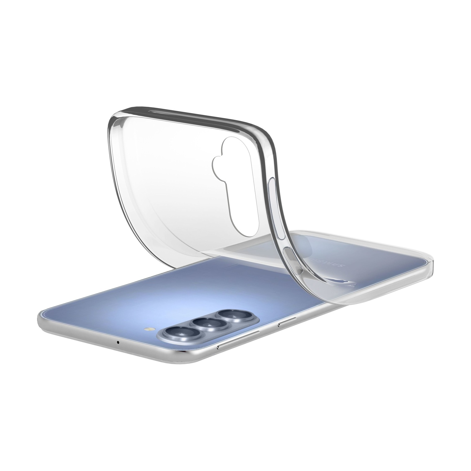Una custodia trasparente per telefono è parzialmente sollevata, rivelando uno smartphone blu con tre obiettivi.