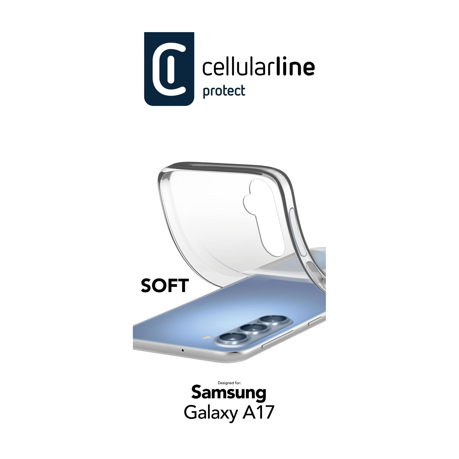 Una custodia trasparente copre parzialmente un Samsung Galaxy A17. Il logo Cellularline è in alto, e la parola SOFT è visibile.