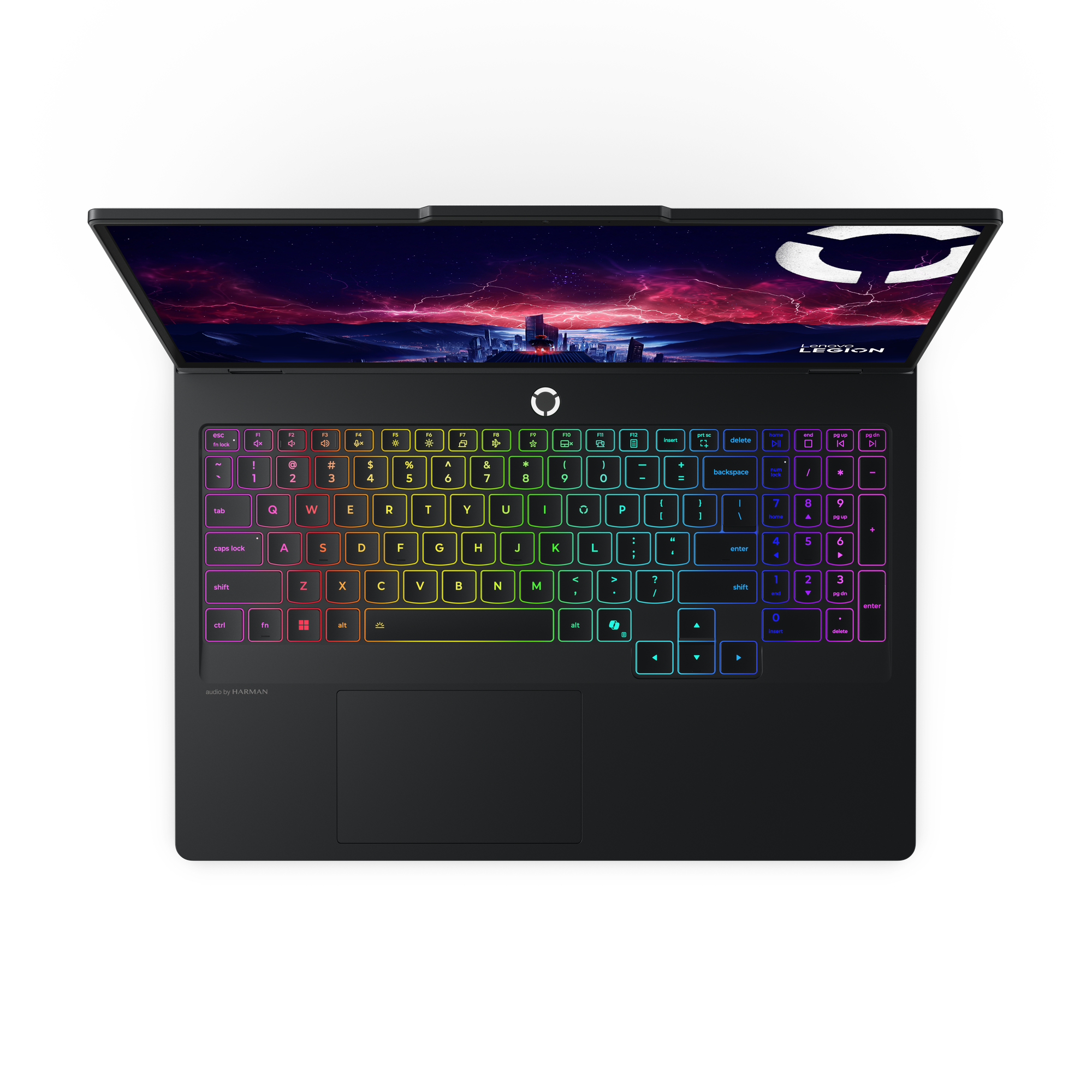 Geöffneter Laptop, der eine Stadt bei Nacht mit einer farbenfrohen, hintergrundbeleuchteten Tastatur zeigt. Die Marke Legion ist sichtbar.