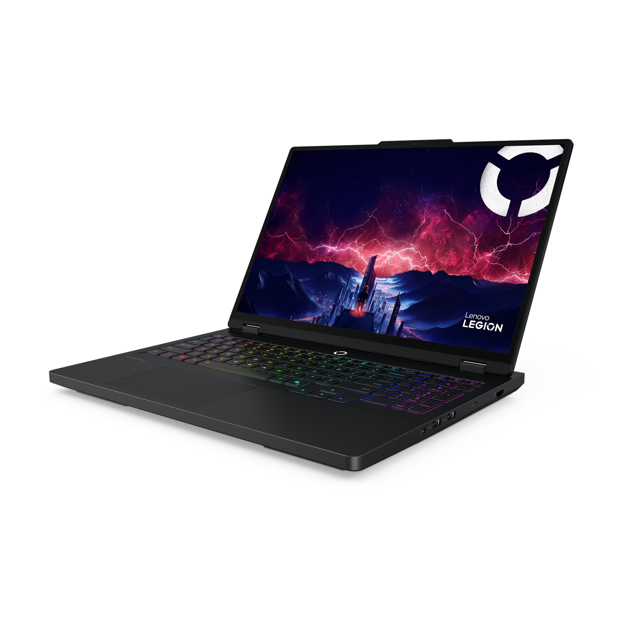 Ein schwarzer Lenovo Legion-Laptop mit farbenfroher Hintergrundbeleuchtung, der eine Stadtlandschaft anzeigt.
