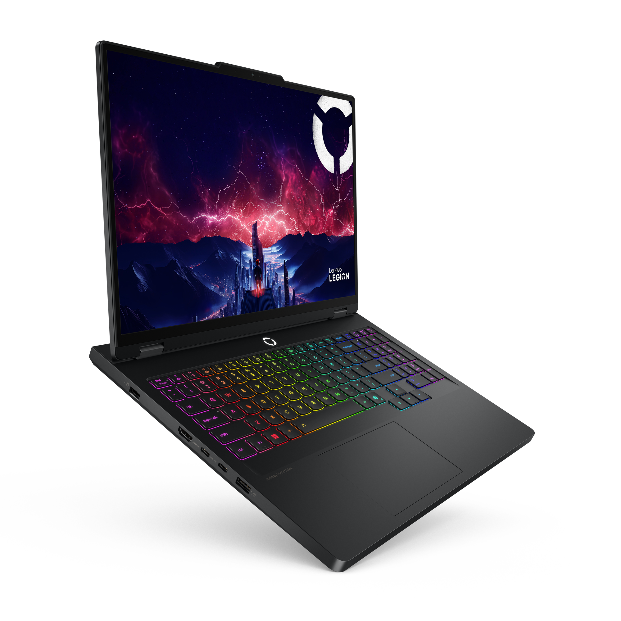 Schwarzer Lenovo Legion Laptop mit Regenbogen-Hintergrundbeleuchtung, zeigt eine Fantasieszene auf dem Bildschirm, auf schwarzem Hintergrund.