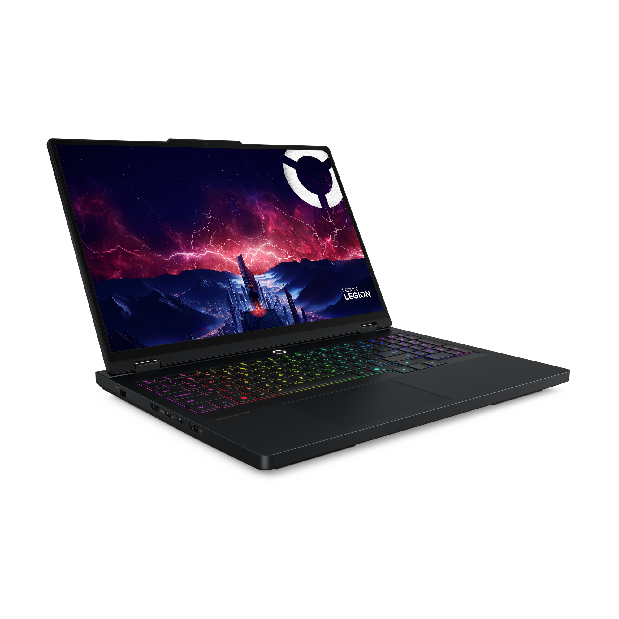Schwarzer Lenovo Legion Laptop. Der Bildschirm zeigt eine futuristische Stadtlandschaft mit rotem und violettem Himmel.