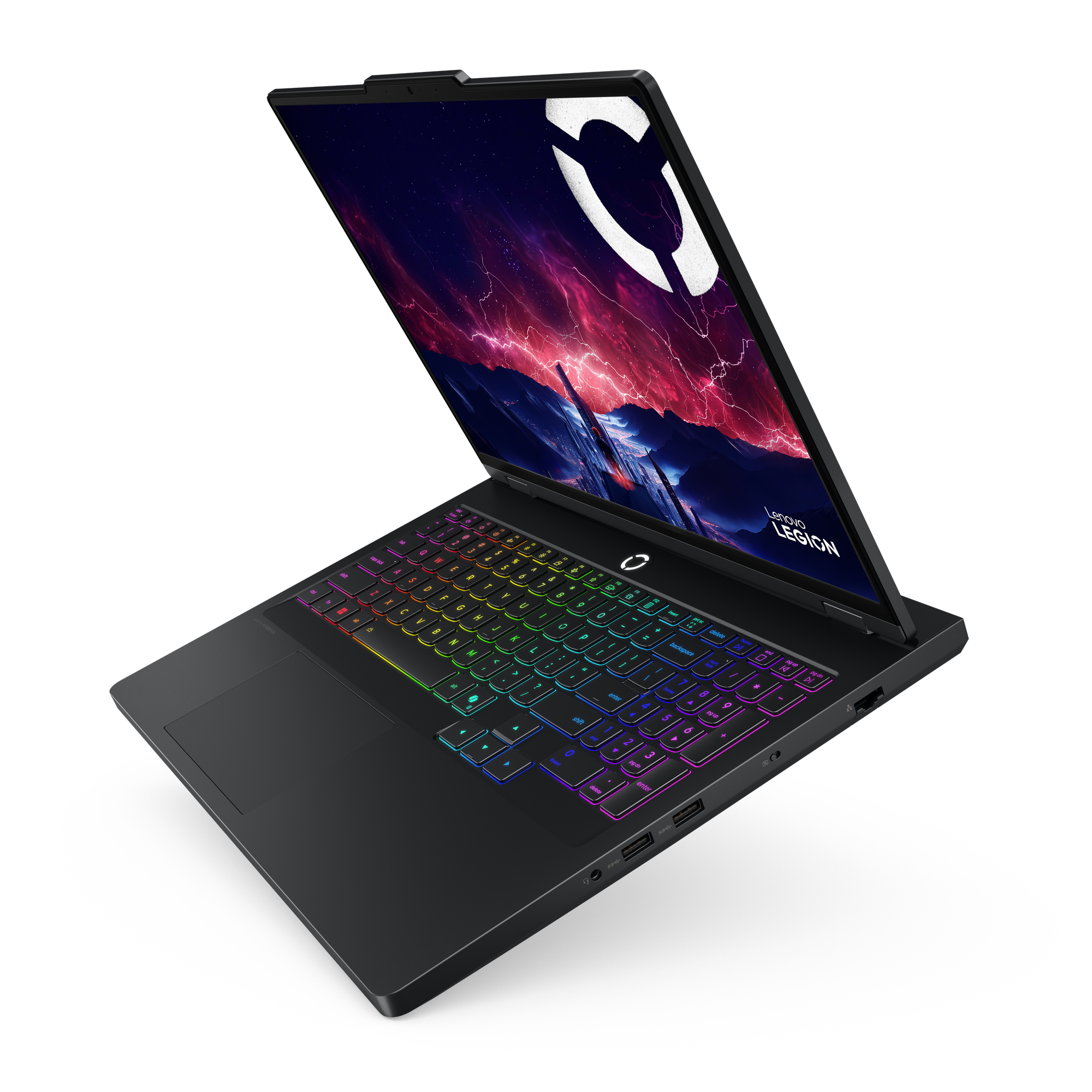 Schwarzer Lenovo Legion Laptop, geöffnet. Tastatur leuchtet in Regenbogenfarben. Bildschirm zeigt ein Gewitter-Grafik.