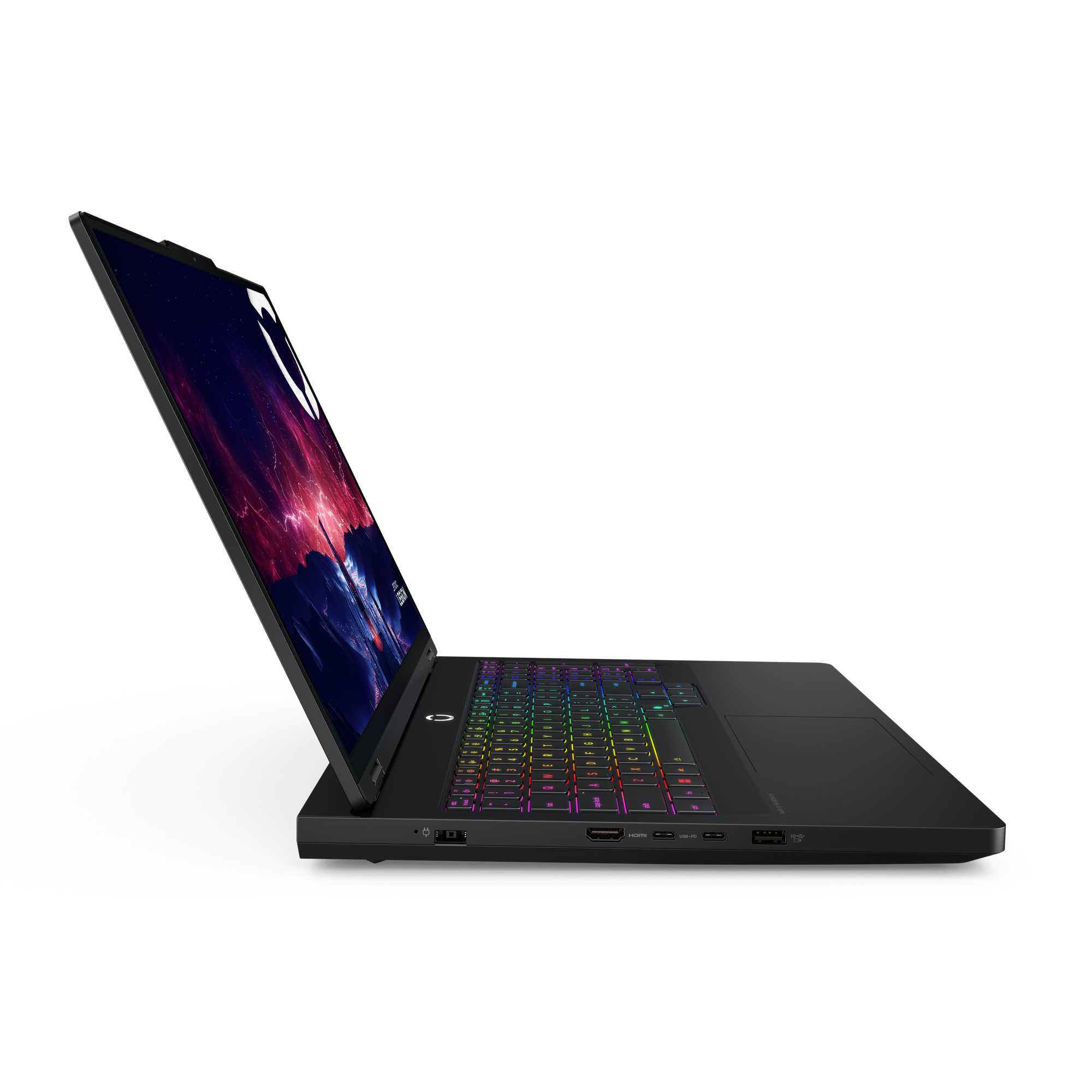 Ein schwarzer Laptop ist geöffnet und zeigt eine farbenfrohe Tastatur und einen Bildschirm mit einem Landschaftsbild. Der Laptop steht auf schwarzem Untergrund.