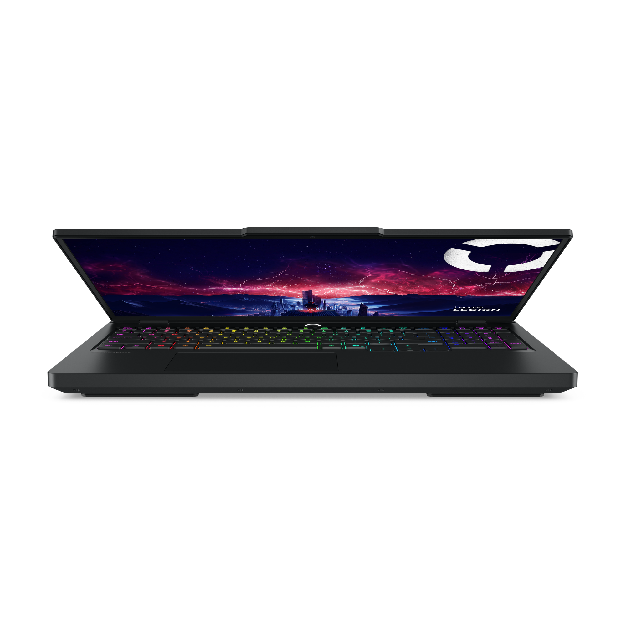 Ein schwarzer Lenovo Legion Laptop ist geöffnet. Der Bildschirm zeigt eine Stadt bei Nacht mit einem Gewitter, und die Tastatur ist beleuchtet.