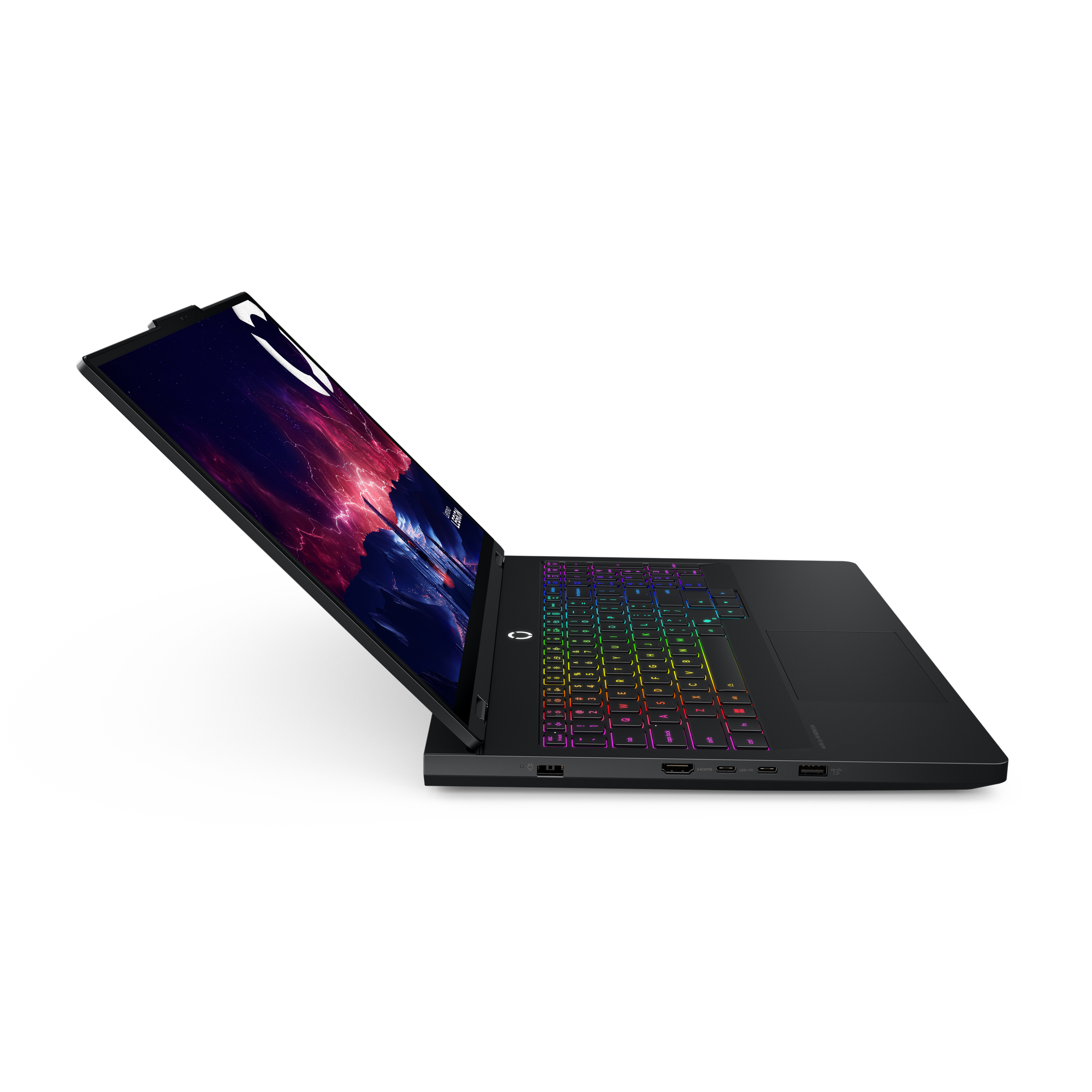 Schwarzer Laptop auf schwarzem Hintergrund, Bildschirm zeigt farbenfrohes Bild, beleuchtete Tastatur, Seitenansicht, abgewinkelt, beleuchtete Tasten.