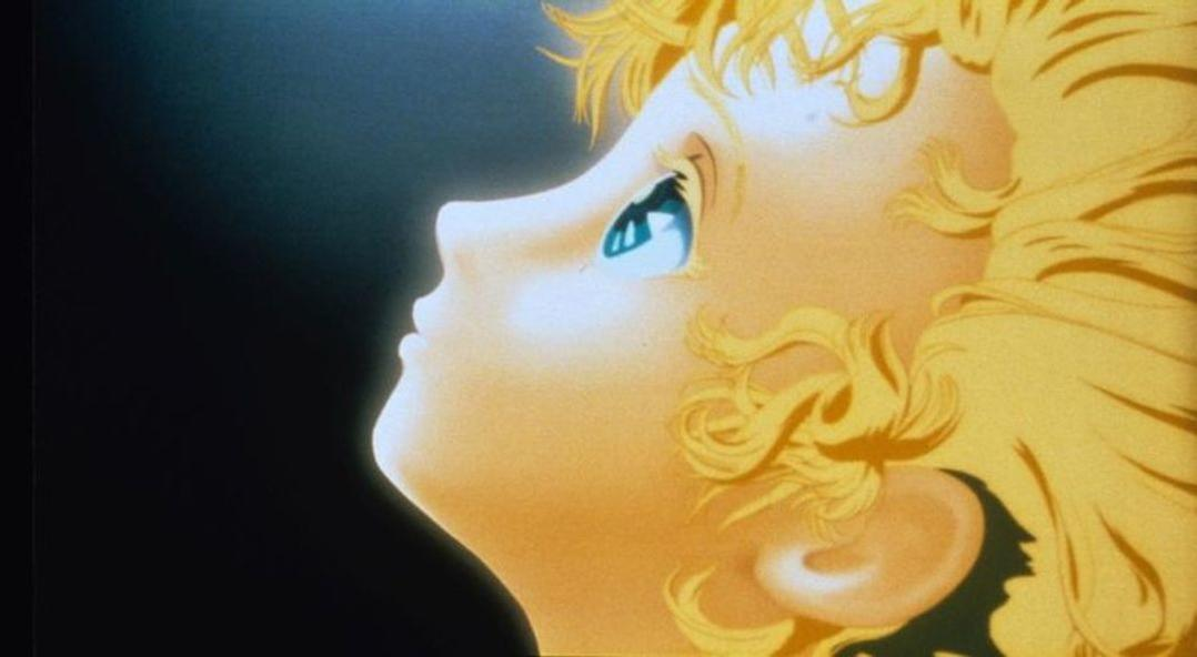 Anime-Illustration einer Person, die nach oben schaut. Blondes Haar und blaue Augen. Dunkler Hintergrund.