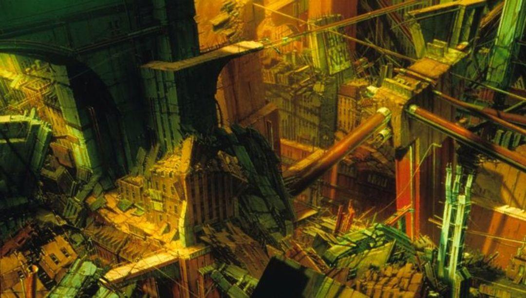 Eine Luftaufnahme einer dystopischen Stadtlandschaft mit Gebäuden und Strukturen in Braun-, Grün- und Orangetönen, mit Infrastruktur.