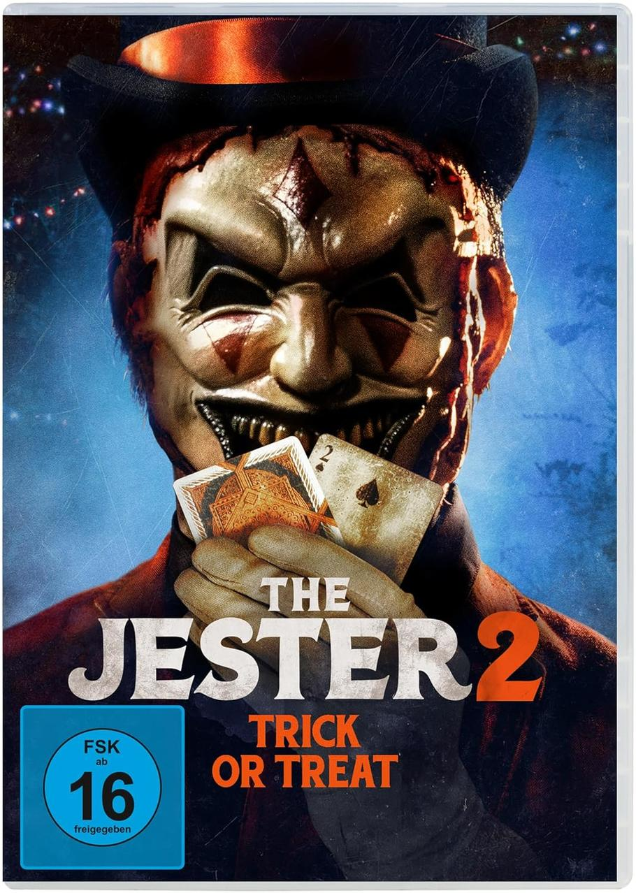 Eine Person mit Narrenmaske hält Karten. Der Titel "The Jester 2" wird mit "Trick or Treat" darunter angezeigt.