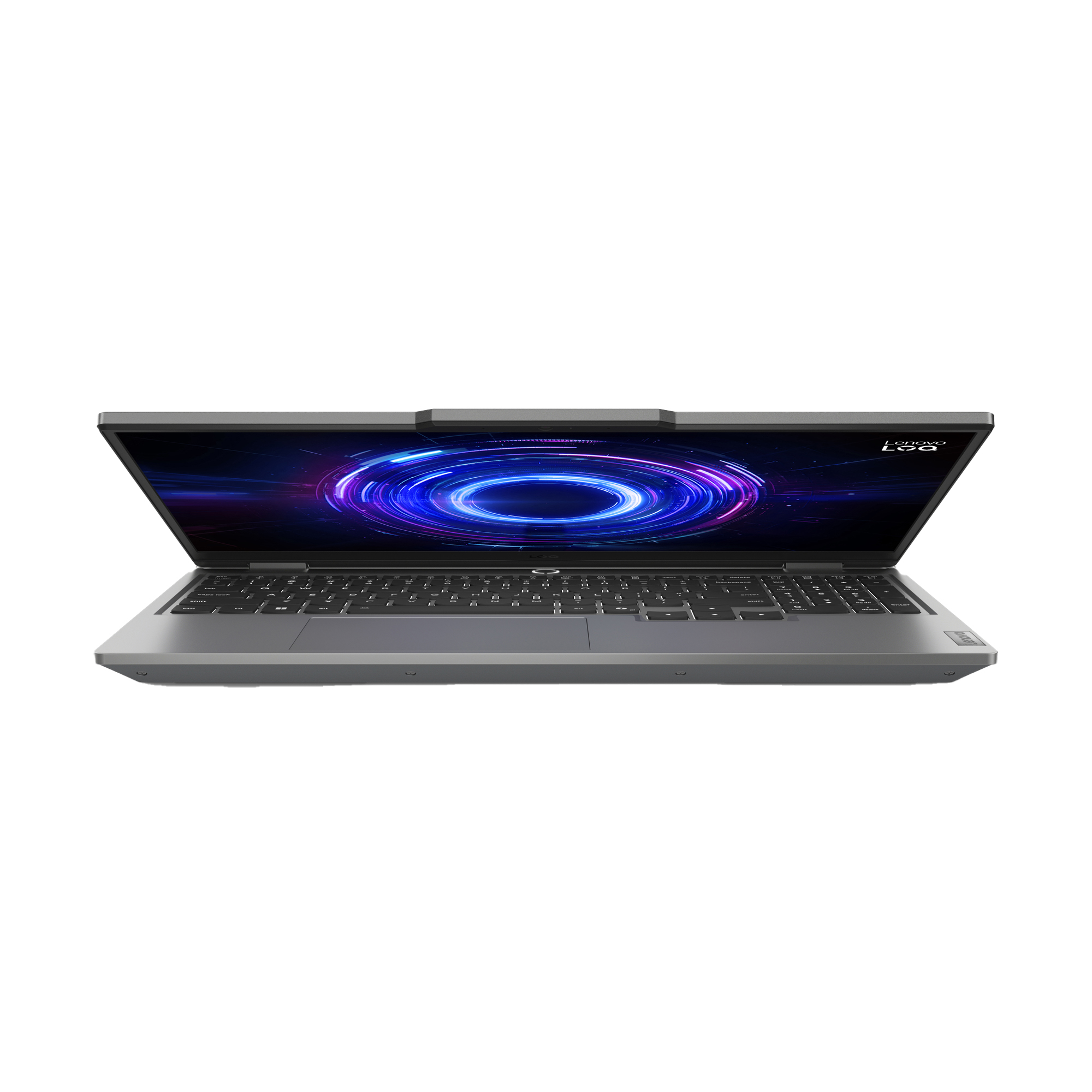 Egy ezüst laptop nyitva van, színes, kör alakú dizájnt mutat a képernyőjén. A billentyűzet látható.