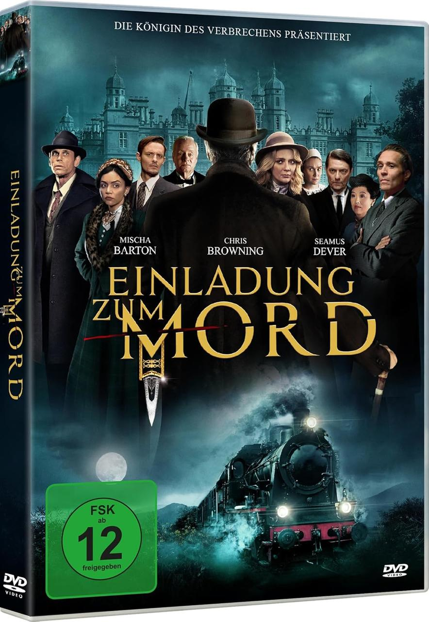 Filmposter: Eine Gruppe von Leuten in formeller Kleidung, unten ein Zug. Titel: Einladung zum Mord. Mit Mischa Barton und Chris Browning.