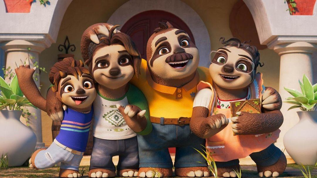Animierte Faultierfamilie, die vor einem Haus lächelt. Sie umarmen sich gegenseitig. Bunte Zeichentrickfiguren sind zu sehen.