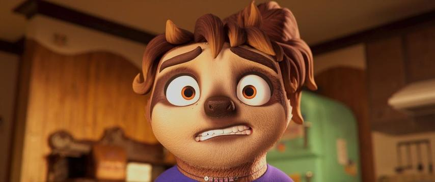 Eine Cartoonfigur mit großen Augen und einem besorgten Gesichtsausdruck. Das Fell ist braun mit kastanienbraunem Haar, in einer Küche.