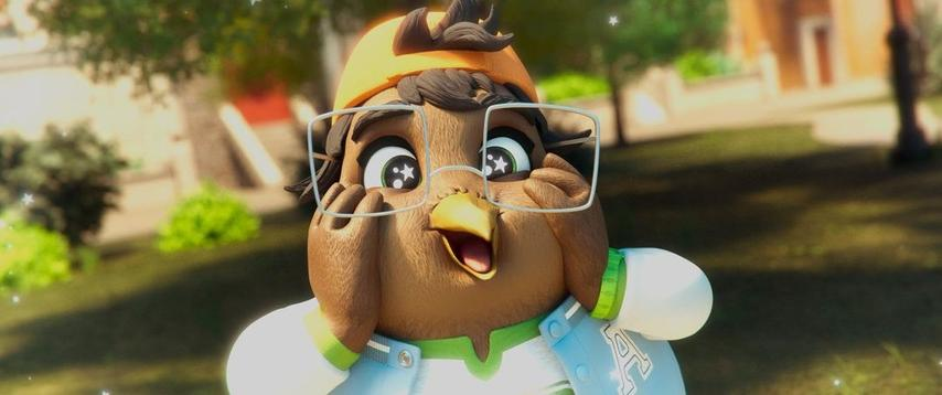 Eine Cartoon-Eule mit Brille und gelber Kappe. Es befindet sich in einem Park mit grünem Gras, Bäumen und einem Gebäude im Hintergrund.