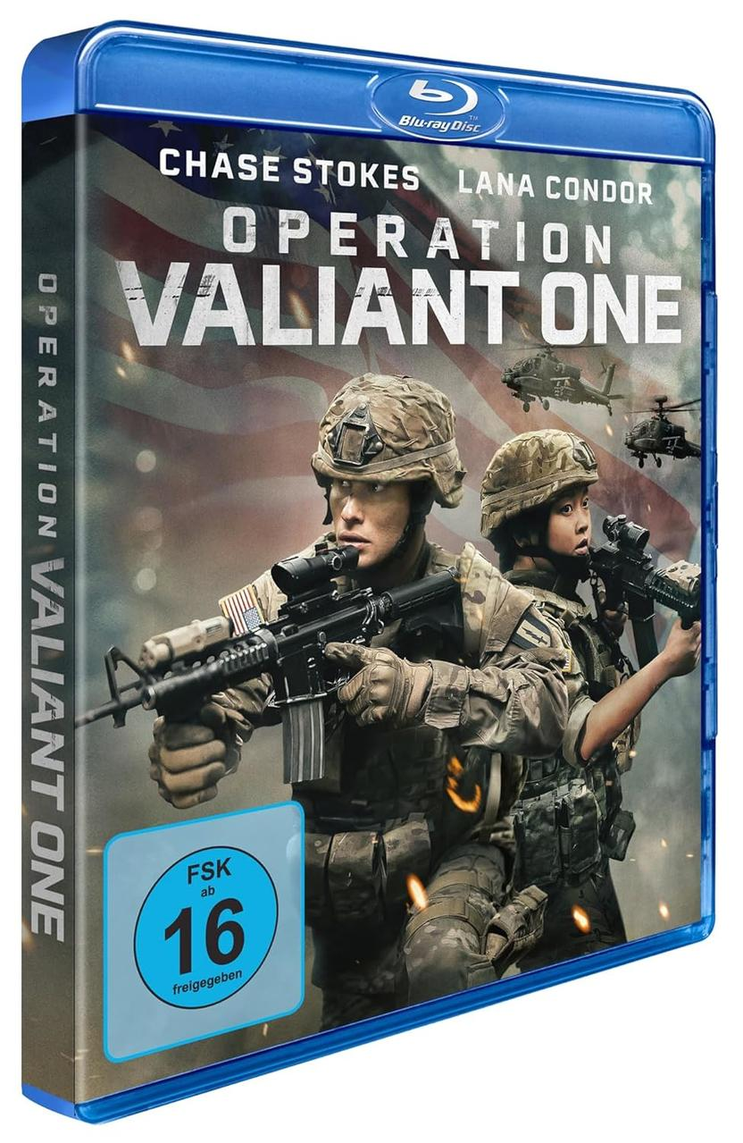 Blu-ray-Cover für 'Operation Valiant One'. Soldaten mit Waffen und Hubschraubern im Hintergrund. Blu-ray und FSK 16 Logo sind sichtbar.
