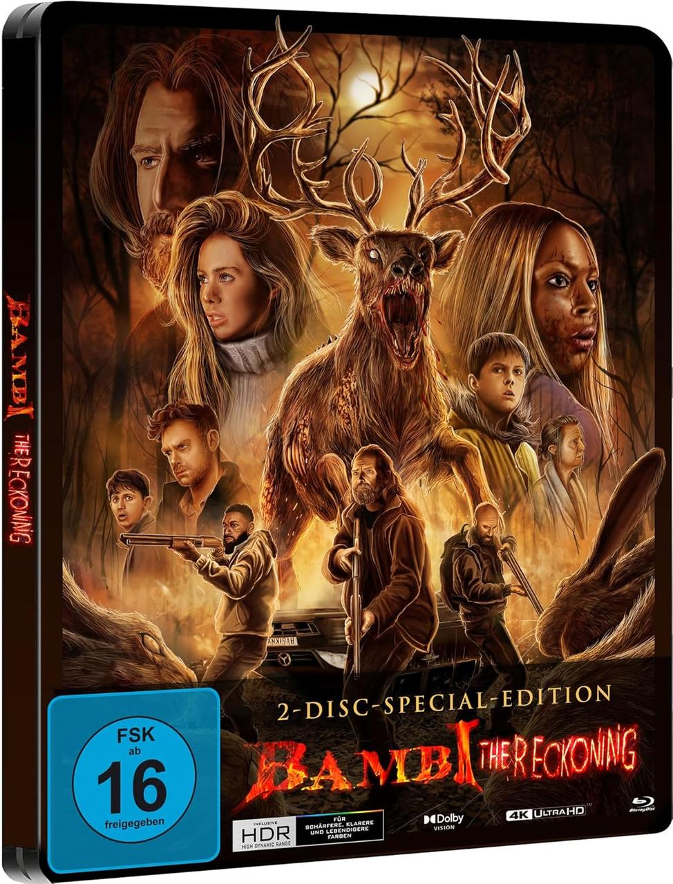 Filmcover. Ein Hirsch mit großen Geweihen brüllt, umgeben von Menschen. Text: Bambi the Reckoning. FSK 16. 2-Disc Special Edition.