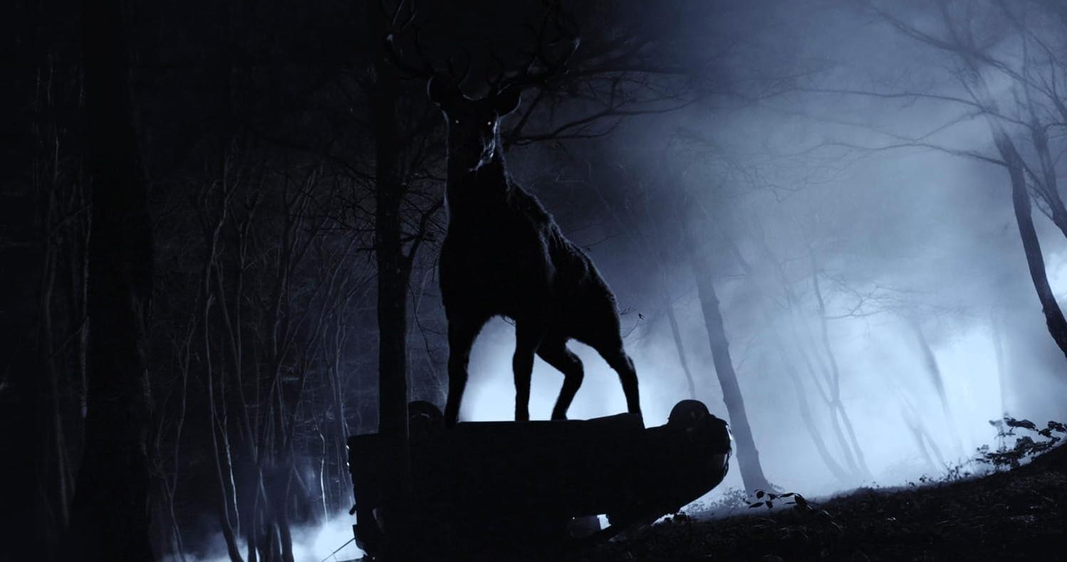 Ein silhouettiertes Tier steht auf einer dunklen Struktur in einem nebligen Wald bei Nacht. Bäume und Nebel füllen den Hintergrund. Das Tier hat leuchtende Augen.