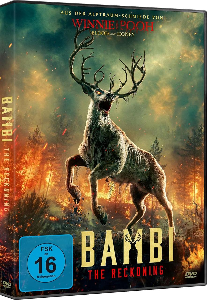 DVD-Cover von Bambi: The Reckoning. Ein dämonischer Hirsch stürmt vor einem feurigen Waldhintergrund. Der Titel steht in fetten Buchstaben.