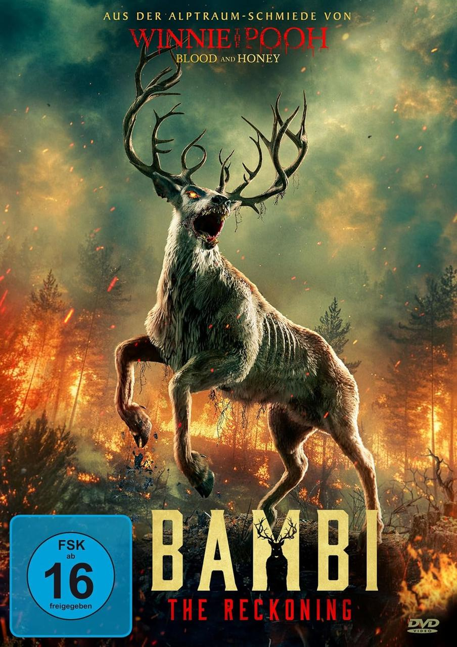 Ein hirschähnliches Wesen mit großen Geweihen stürmt vorwärts. Der Hintergrund zeigt ein Waldbrand. Der Titel 'Bambi: The Reckoning' ist sichtbar.
