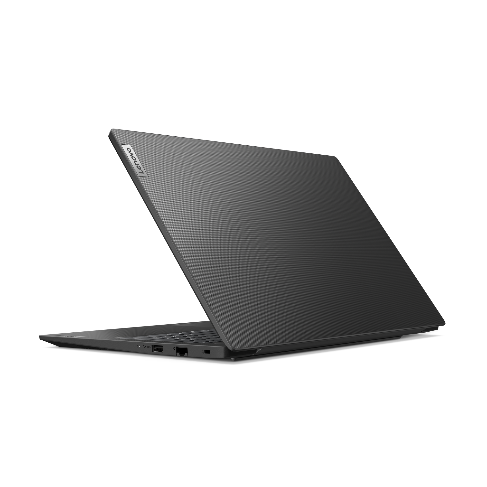Ein dunkelgrauer Lenovo-Laptop, leicht geöffnet, vor schwarzem Hintergrund. Das Lenovo-Logo ist sichtbar.