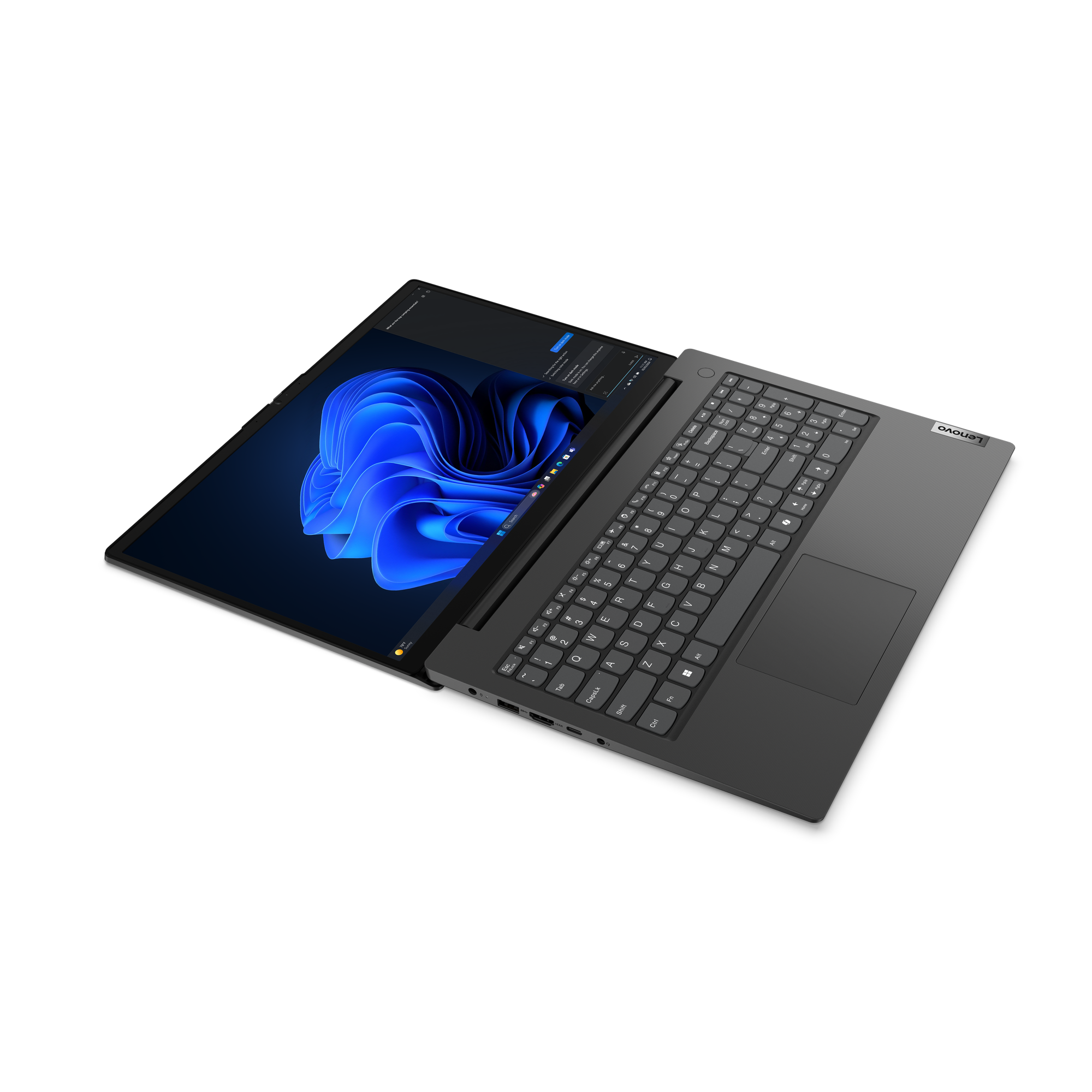 Ein grauer Lenovo-Laptop ist geöffnet und zeigt die Windows 11-Oberfläche auf schwarzem Hintergrund.