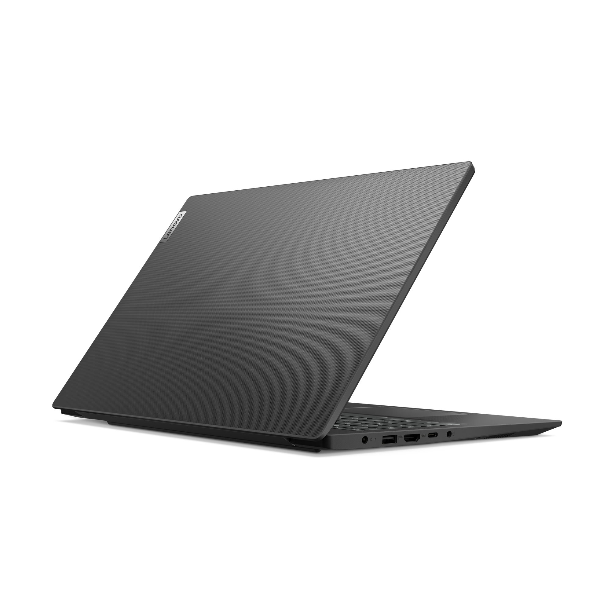 Ein dunkelgraues Lenovo-Laptop ist geöffnet und zum Betrachter abgewinkelt. Der Hintergrund ist schwarz.