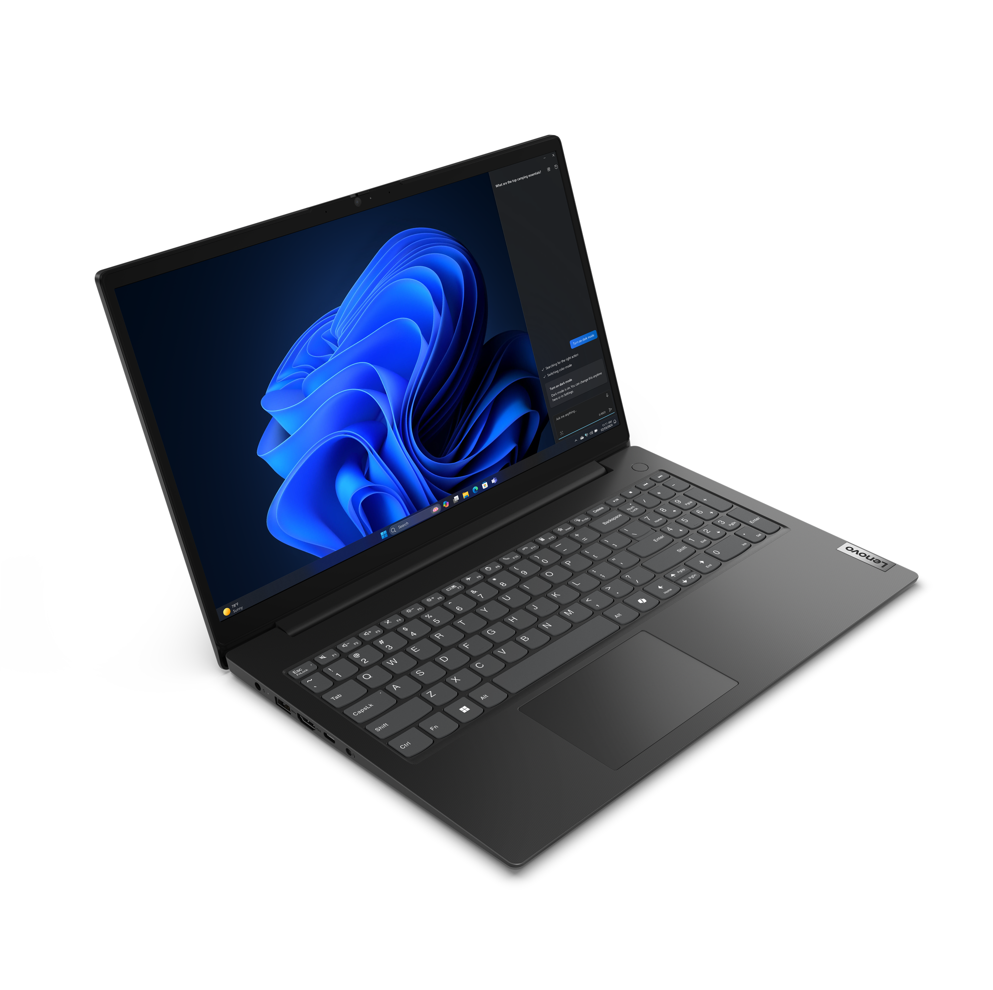 Ein dunkelgraues Lenovo-Laptop ist geöffnet und zeigt ein blaues abstraktes Bild auf dem Bildschirm. Die Tastatur ist im Fokus, schwarzer Hintergrund.