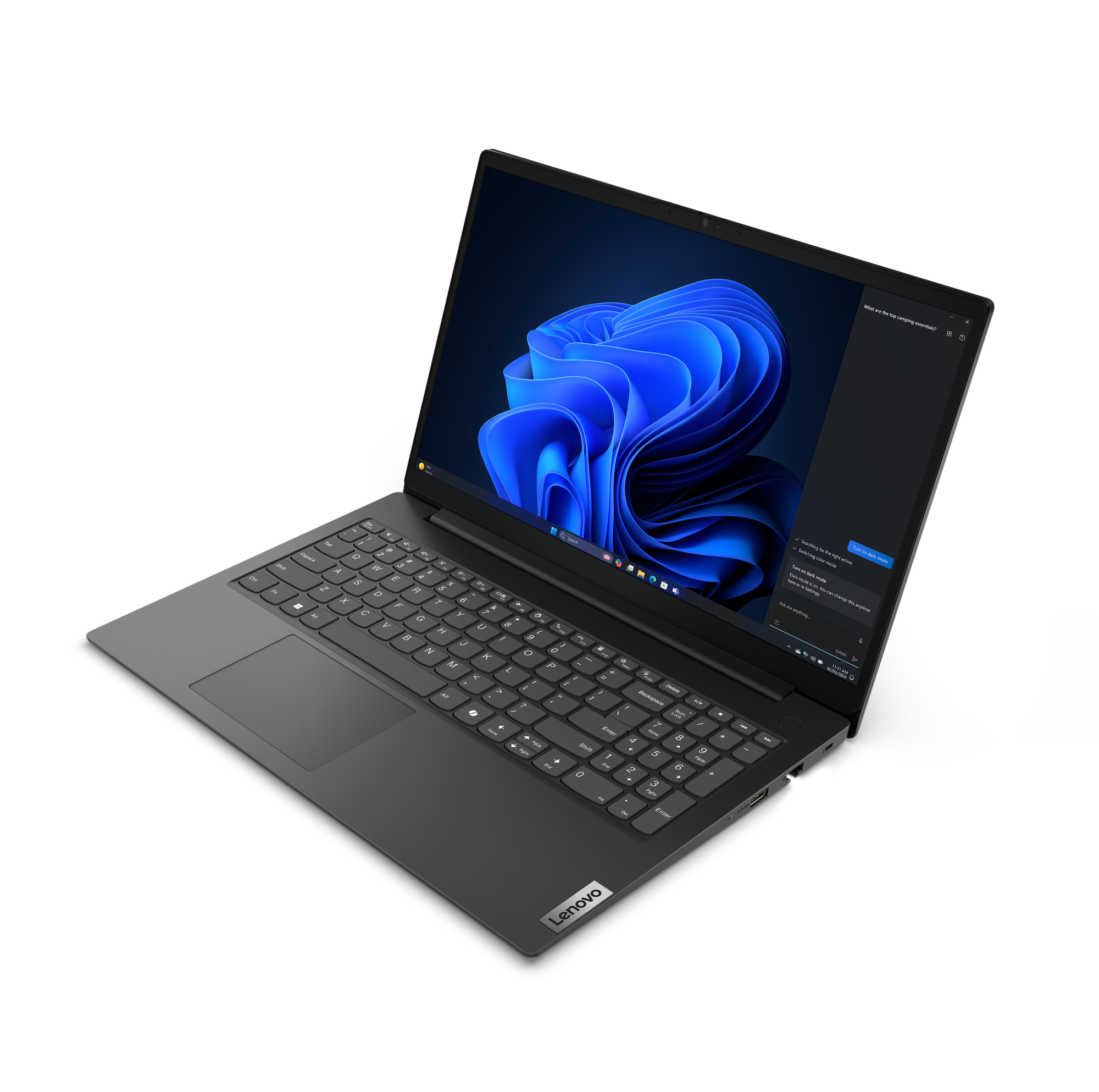 Ein Lenovo-Laptop zeigt ein blaues abstraktes Bild. Die Tastatur ist sichtbar, und rechts ist ein Chat-Fenster geöffnet.