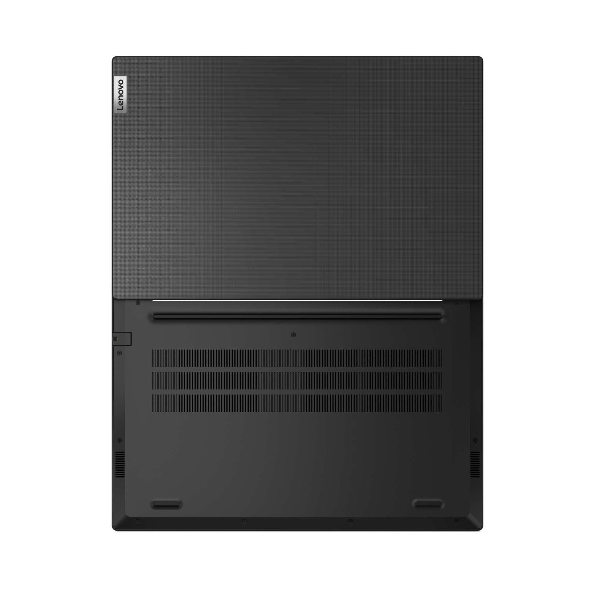 Draufsicht auf einen dunkelgrauen Lenovo-Laptop, geöffnet. Der Boden hat Belüftungsöffnungen und einige Anschlüsse. Schwarzer Hintergrund.