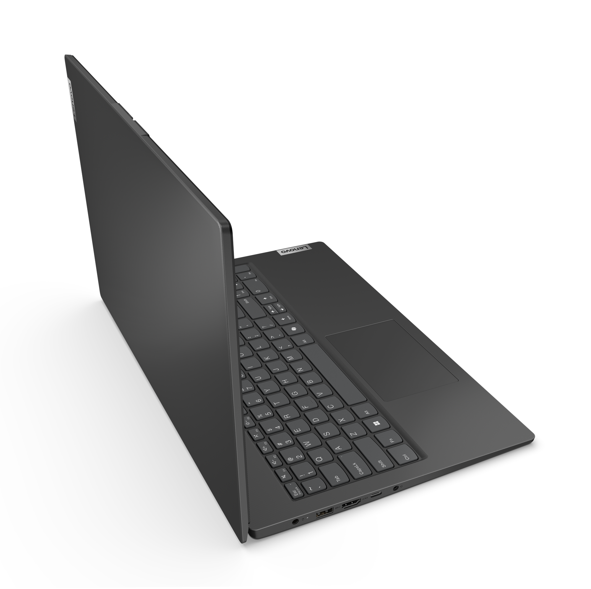 Ein dunkelgrauer Lenovo-Laptop ist auf einer schwarzen Oberfläche geöffnet. Tastatur und Touchpad sind sichtbar.