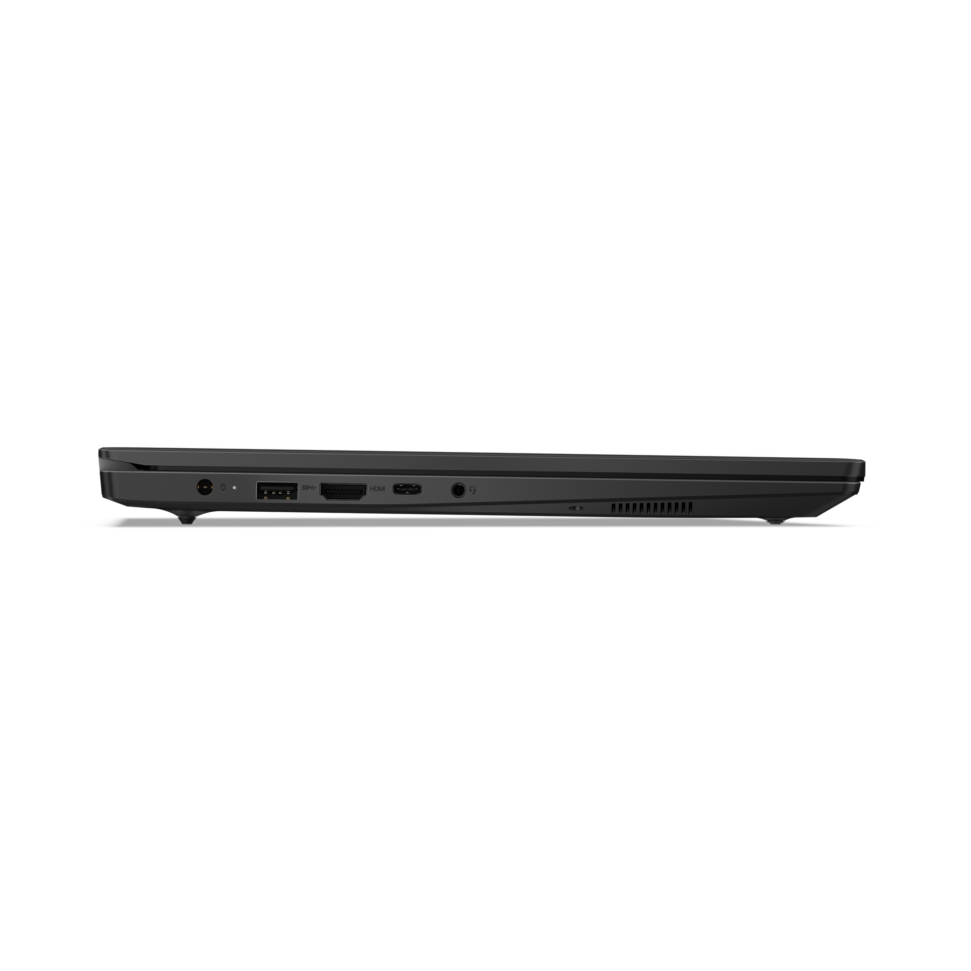 Seitenansicht eines dunkelgrauen Laptops. Anschlüsse sind Strom, USB, HDMI und Audio. Der Hintergrund ist tiefschwarz.